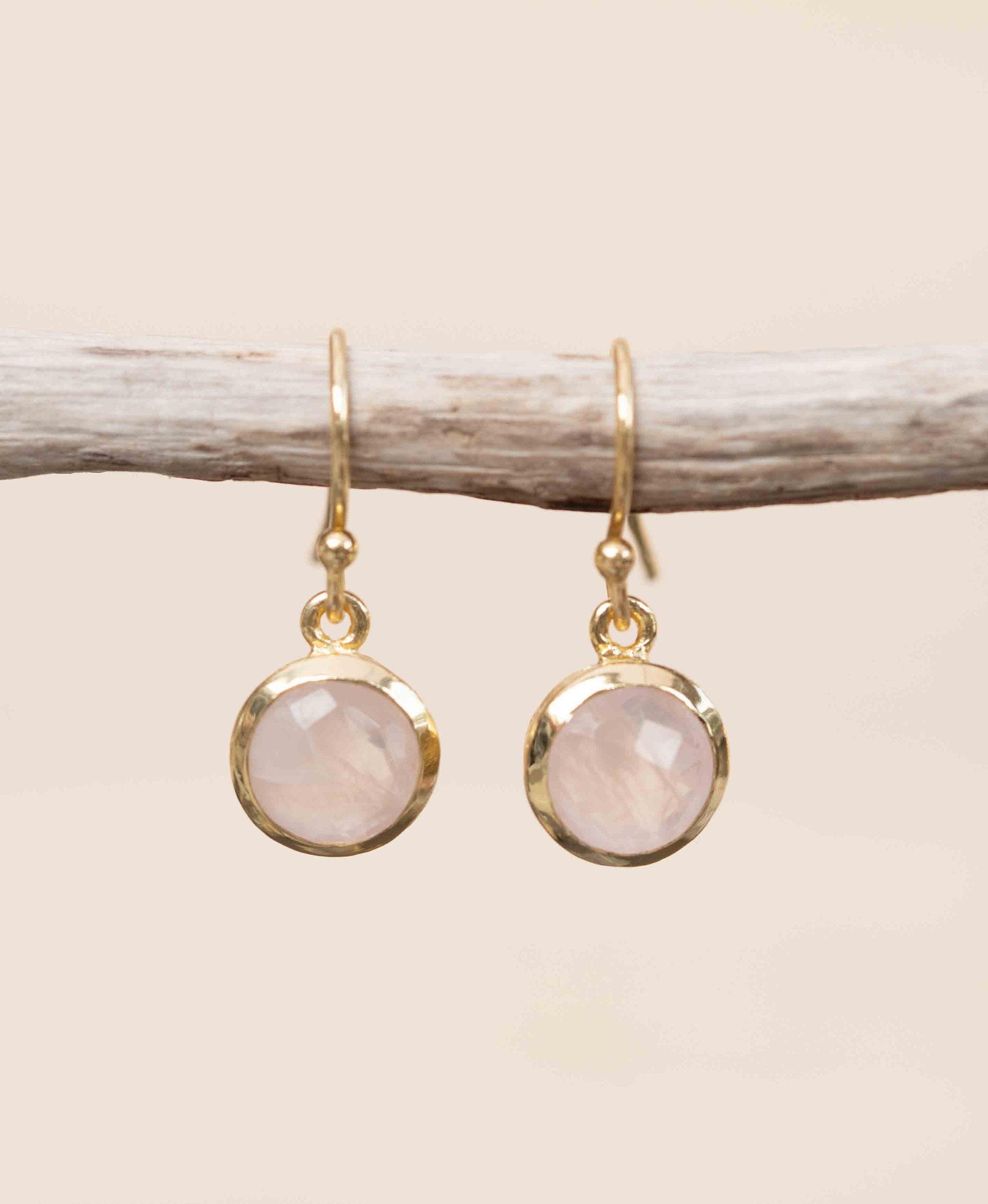 Rose Quartz 18k Gold Plated Earrings ~ Gemstone ~ Dangle Earrings ~ Round ~ Handmade ~ Jewelry ~ Gift for her ~ ME199
