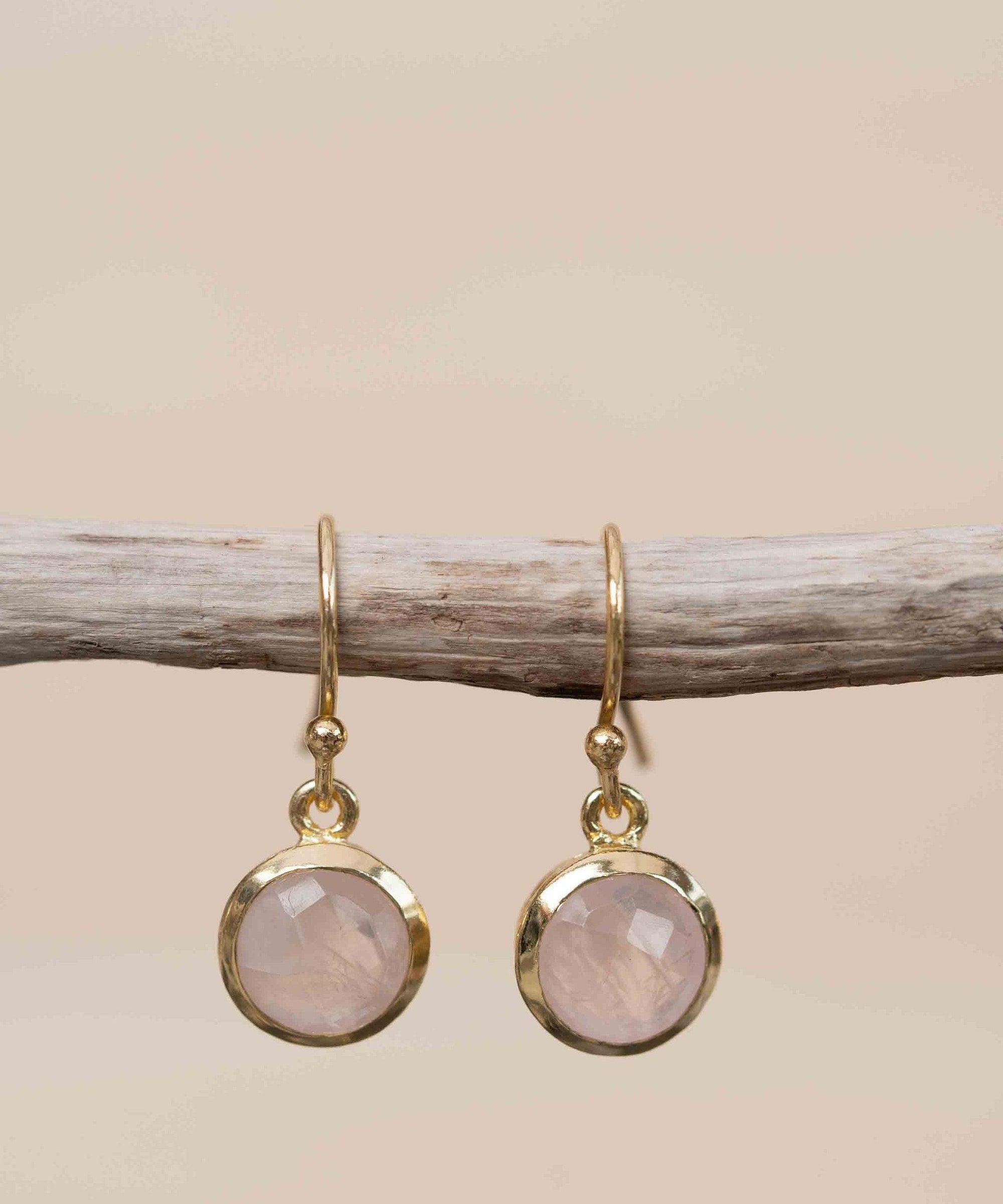 Rose Quartz 18k Gold Plated Earrings ~ Gemstone ~ Dangle Earrings ~ Round ~ Handmade ~ Jewelry ~ Gift for her ~ ME199