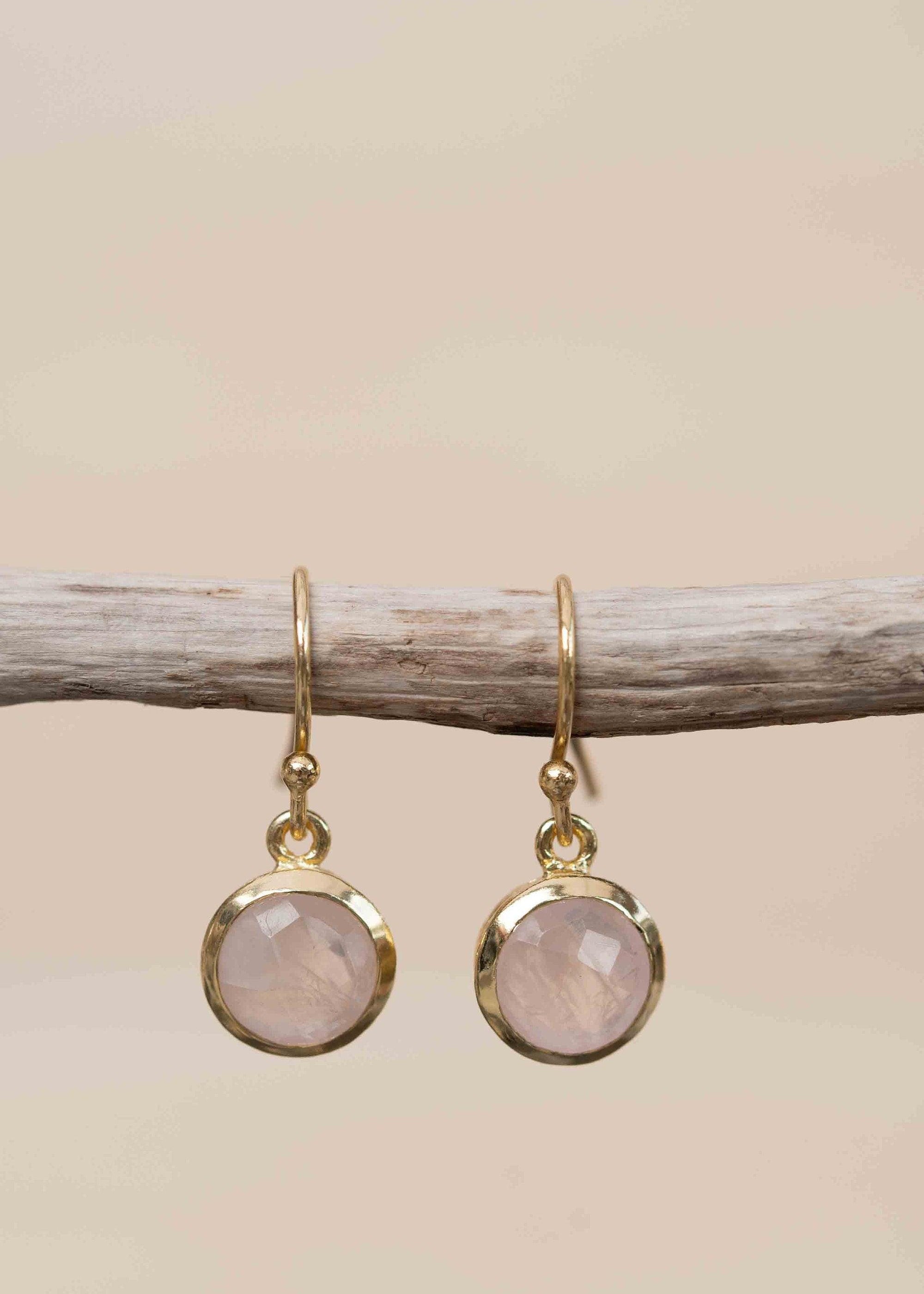 Rose Quartz 18k Gold Plated Earrings ~ Gemstone ~ Dangle Earrings ~ Round ~ Handmade ~ Jewelry ~ Gift for her ~ ME199