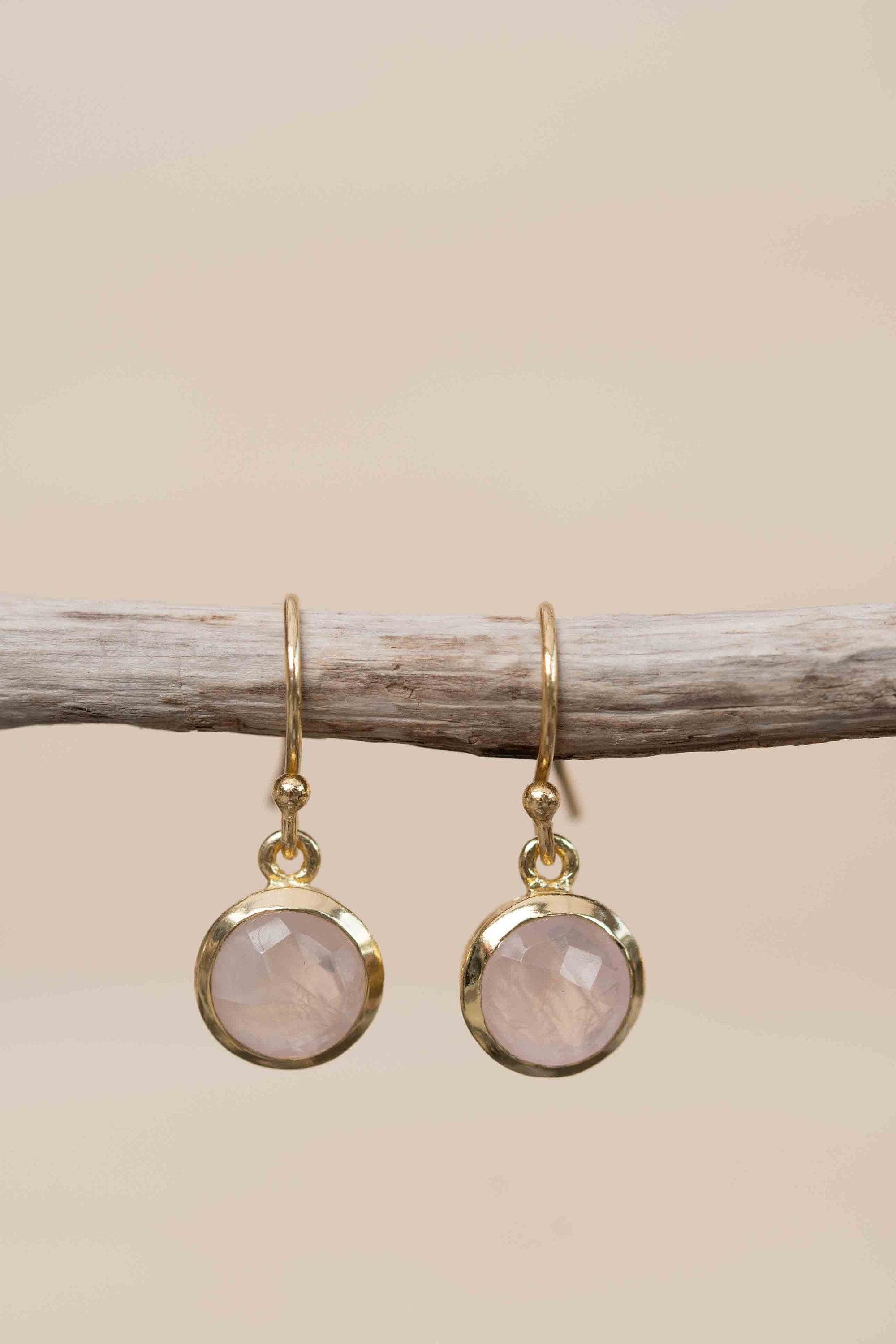Rose Quartz 18k Gold Plated Earrings ~ Gemstone ~ Dangle Earrings ~ Round ~ Handmade ~ Jewelry ~ Gift for her ~ ME199