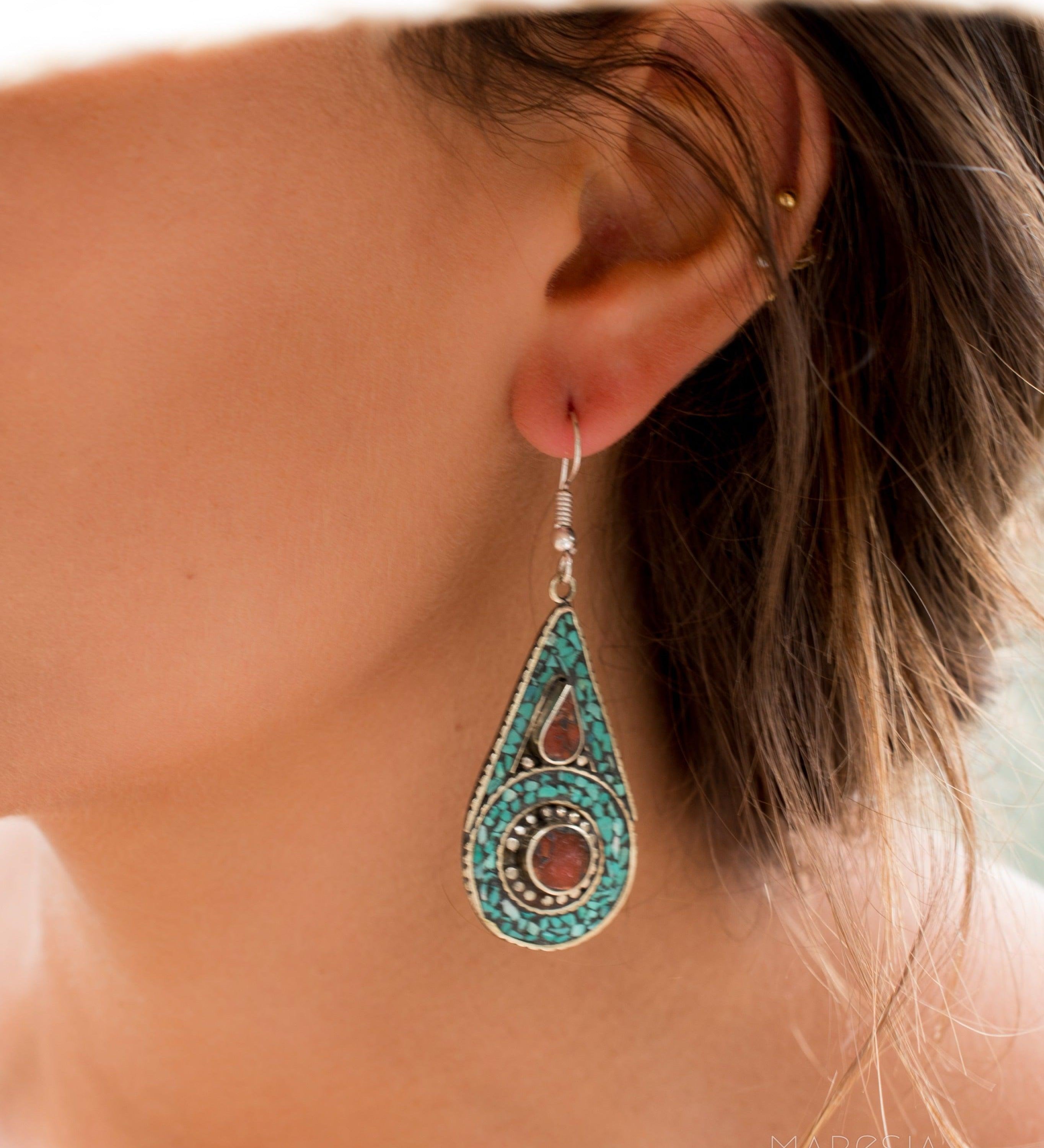 Joyse Turquoise Tibetan Earrings ~German Silver ~ SME048 - Maresia Jewelry