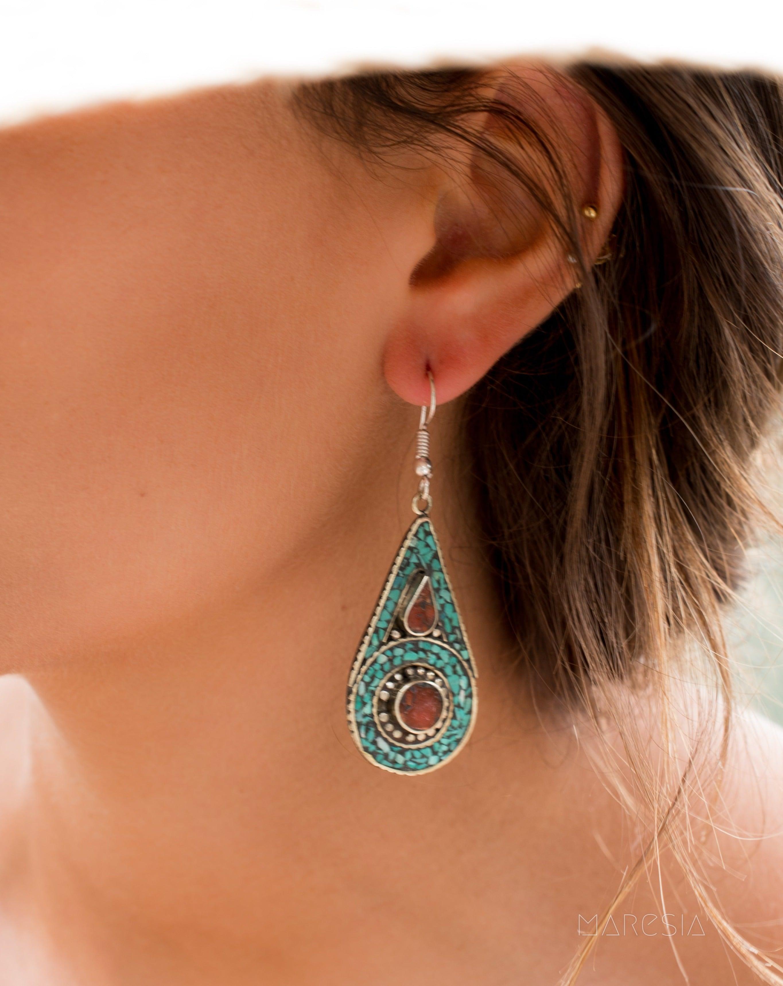Joyse Turquoise Tibetan Earrings ~German Silver ~ SME048 - Maresia Jewelry