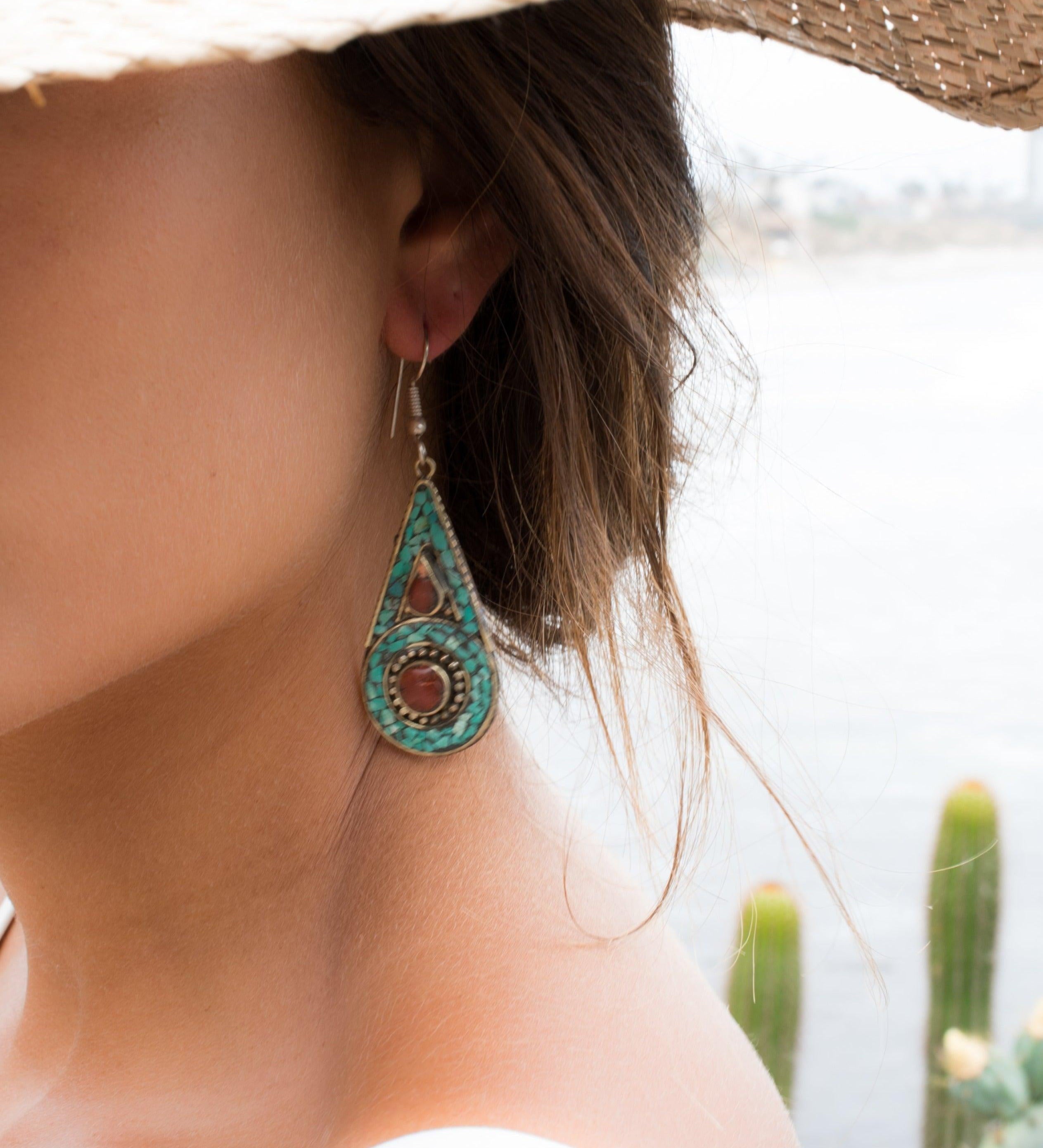 Joyse Turquoise Tibetan Earrings ~German Silver ~ SME048 - Maresia Jewelry