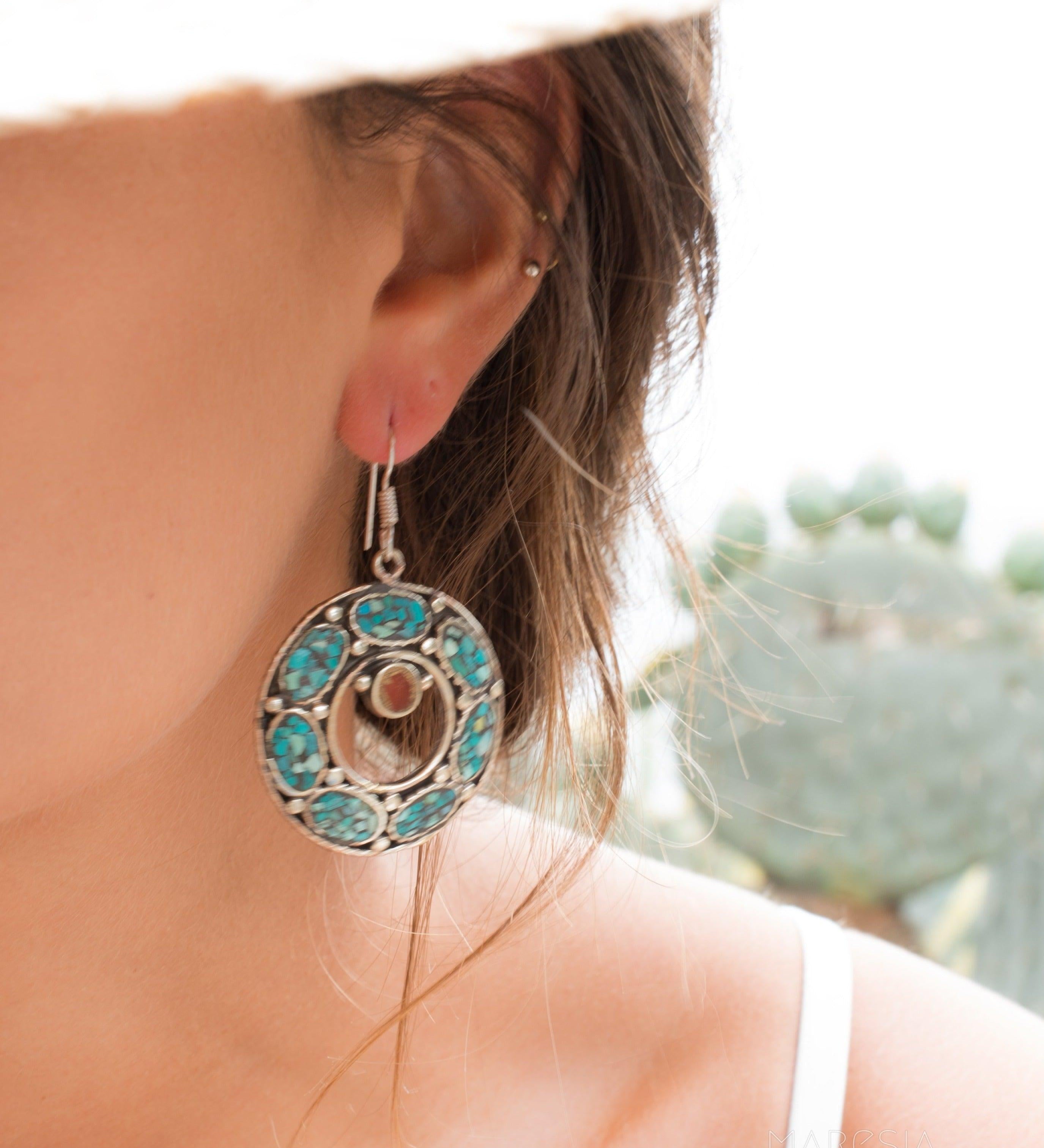 Karen Turquoise Tibetan Earrings ~German Silver ~ SME052 - Maresia Jewelry