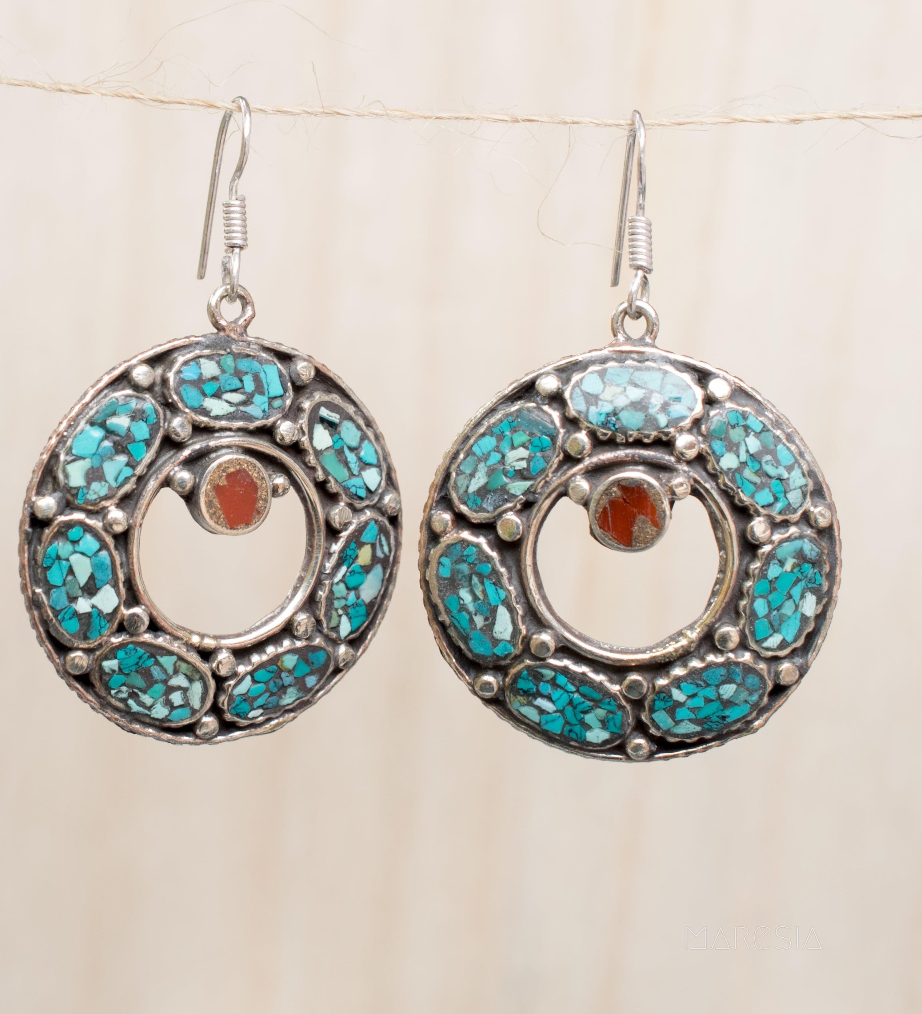 Karen Turquoise Tibetan Earrings ~German Silver ~ SME052 - Maresia Jewelry