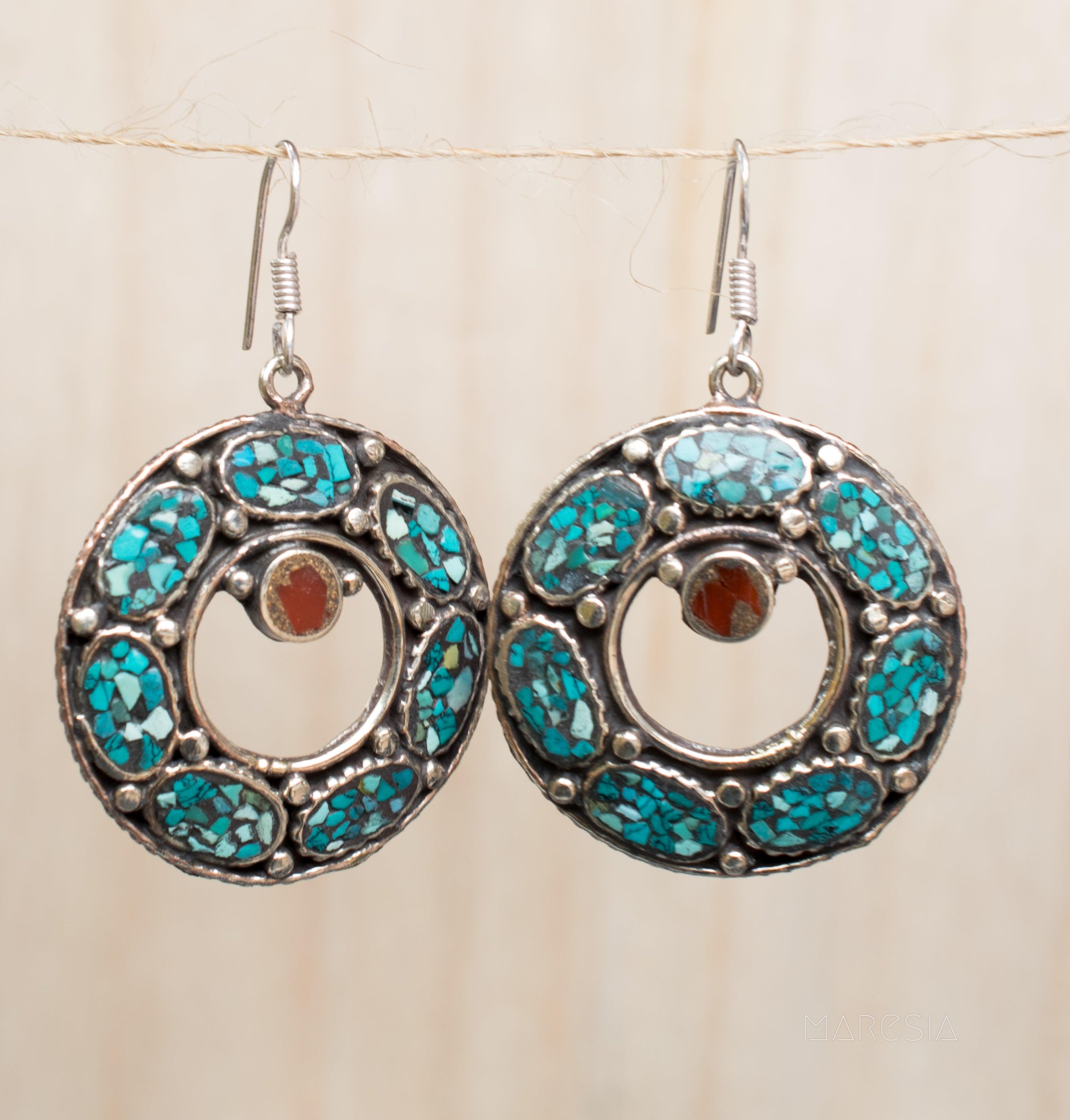 Karen Turquoise Tibetan Earrings ~German Silver ~ SME052 - Maresia Jewelry
