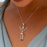 Moonstone & Crystal Clear quartz Pendant ~Half moon ~ Sterling Silver 925  ~ Delicate ~ Bohemian ~  Charm ~ MN079