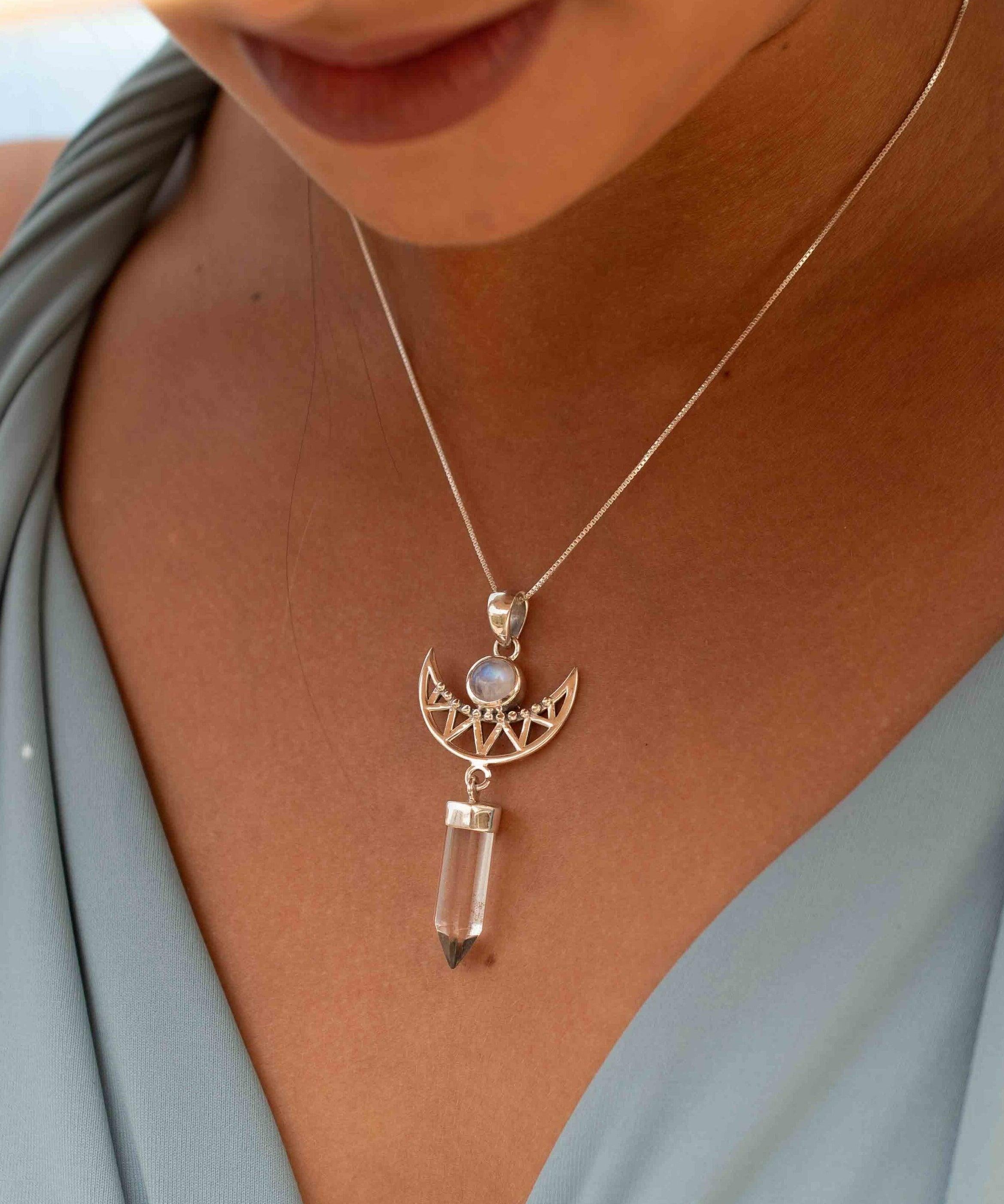 Moonstone & Crystal Clear quartz Pendant ~Half moon ~ Sterling Silver 925  ~ Delicate ~ Bohemian ~  Charm ~ MN079