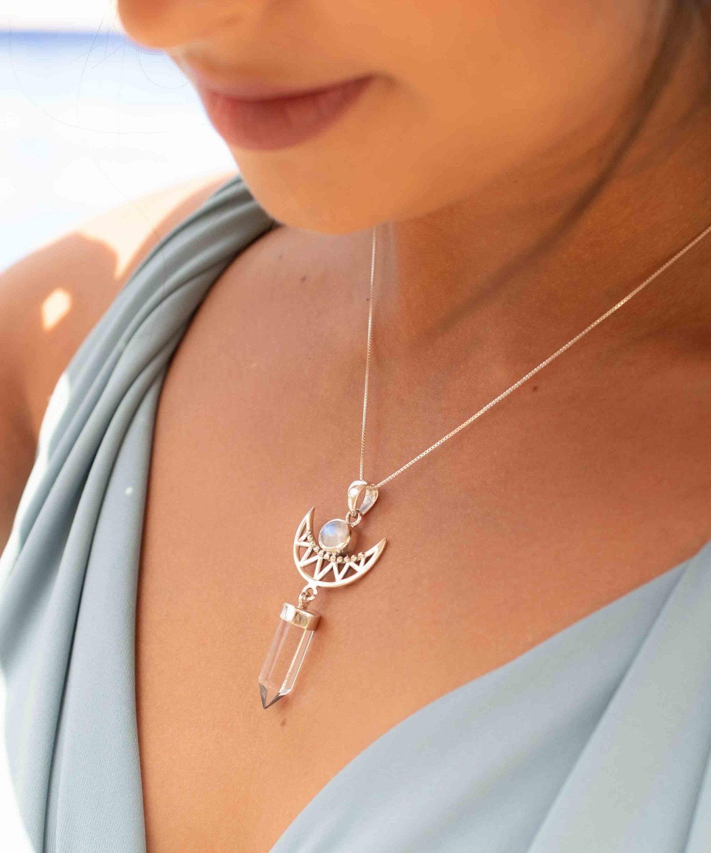 Moonstone & Crystal Clear quartz Pendant ~Half moon ~ Sterling Silver 925  ~ Delicate ~ Bohemian ~  Charm ~ MN079