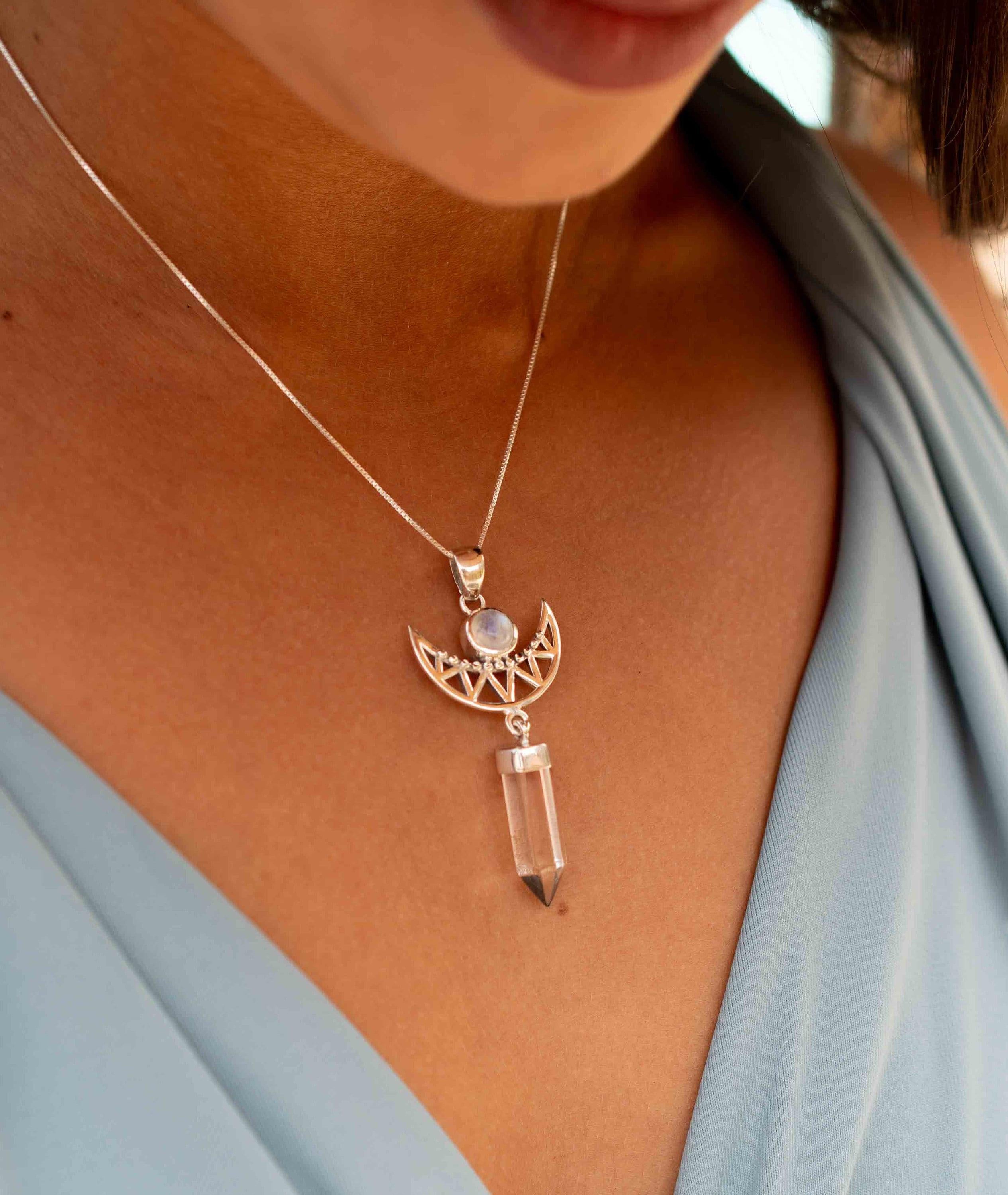Moonstone & Crystal Clear quartz Pendant ~Half moon ~ Sterling Silver 925  ~ Delicate ~ Bohemian ~  Charm ~ MN079