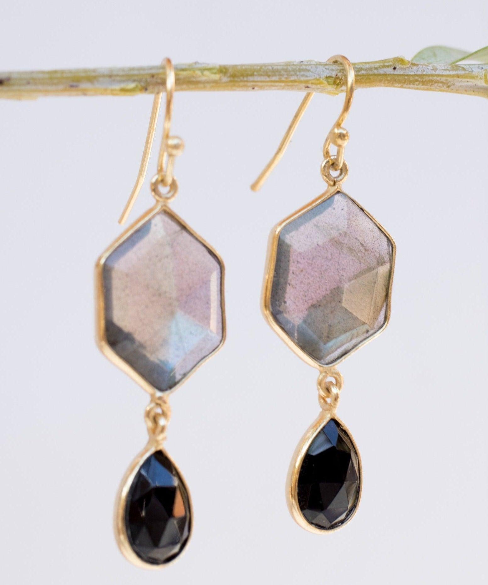 Labradorite and Black Onyx  Gold Vermeil Earrings ~ Dangle ~ Geometric ~ Jewelry  ~ Natural ~ Organic ~ Everyday  ~ ME149