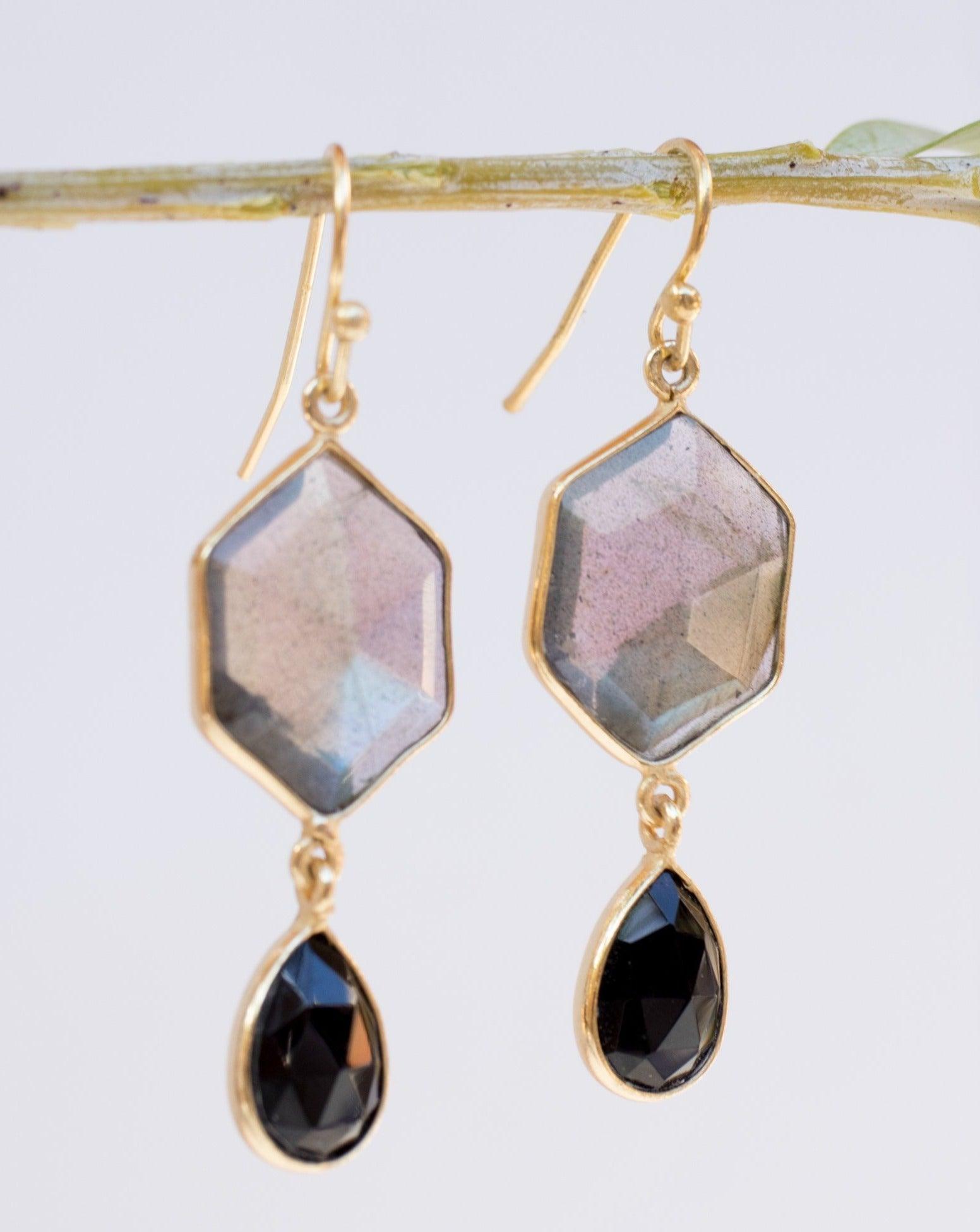 Labradorite and Black Onyx  Gold Vermeil Earrings ~ Dangle ~ Geometric ~ Jewelry  ~ Natural ~ Organic ~ Everyday  ~ ME149