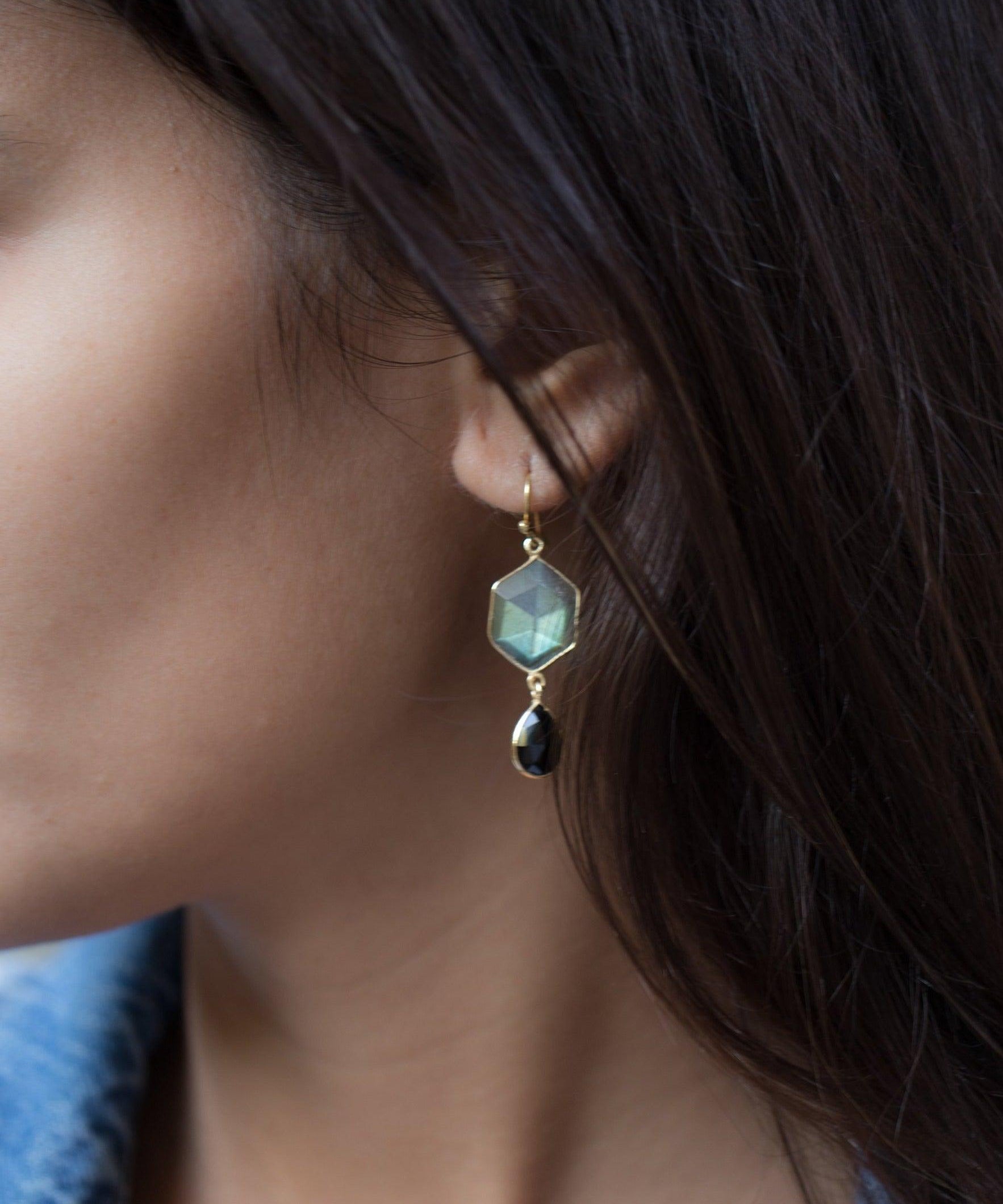 Labradorite and Black Onyx  Gold Vermeil Earrings ~ Dangle ~ Geometric ~ Jewelry  ~ Natural ~ Organic ~ Everyday  ~ ME149