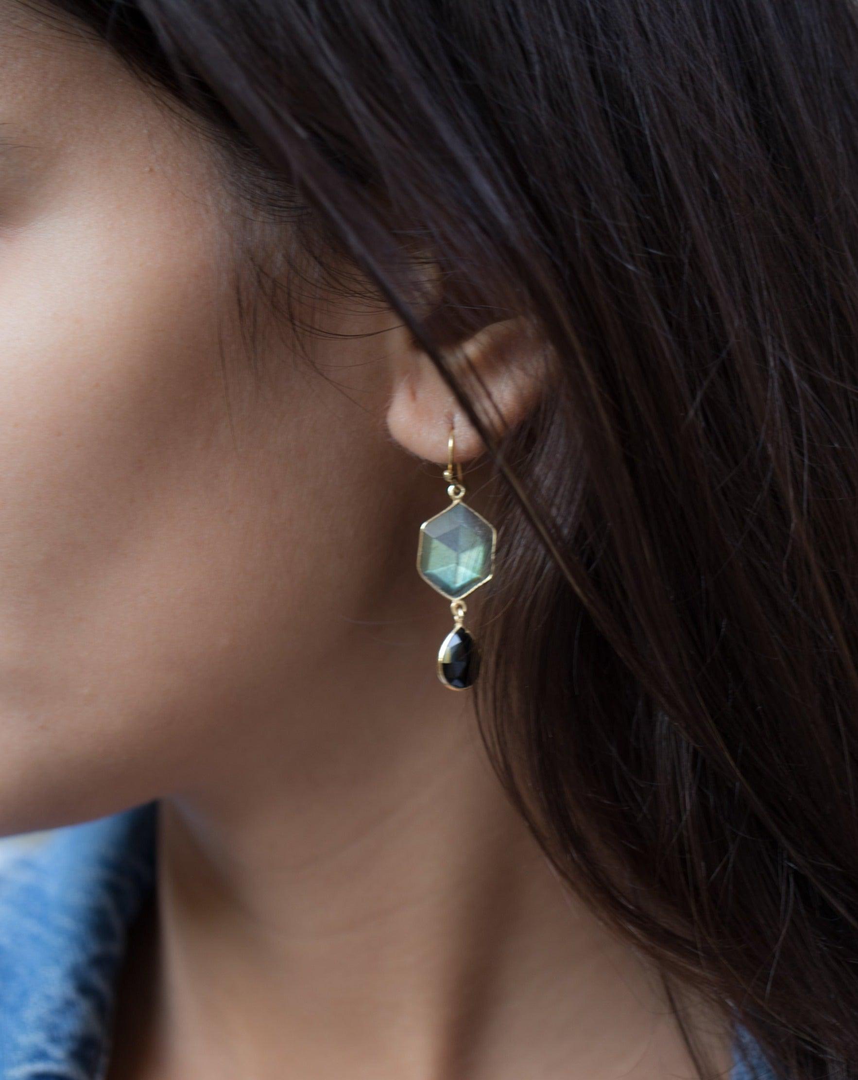 Labradorite and Black Onyx  Gold Vermeil Earrings ~ Dangle ~ Geometric ~ Jewelry  ~ Natural ~ Organic ~ Everyday  ~ ME149