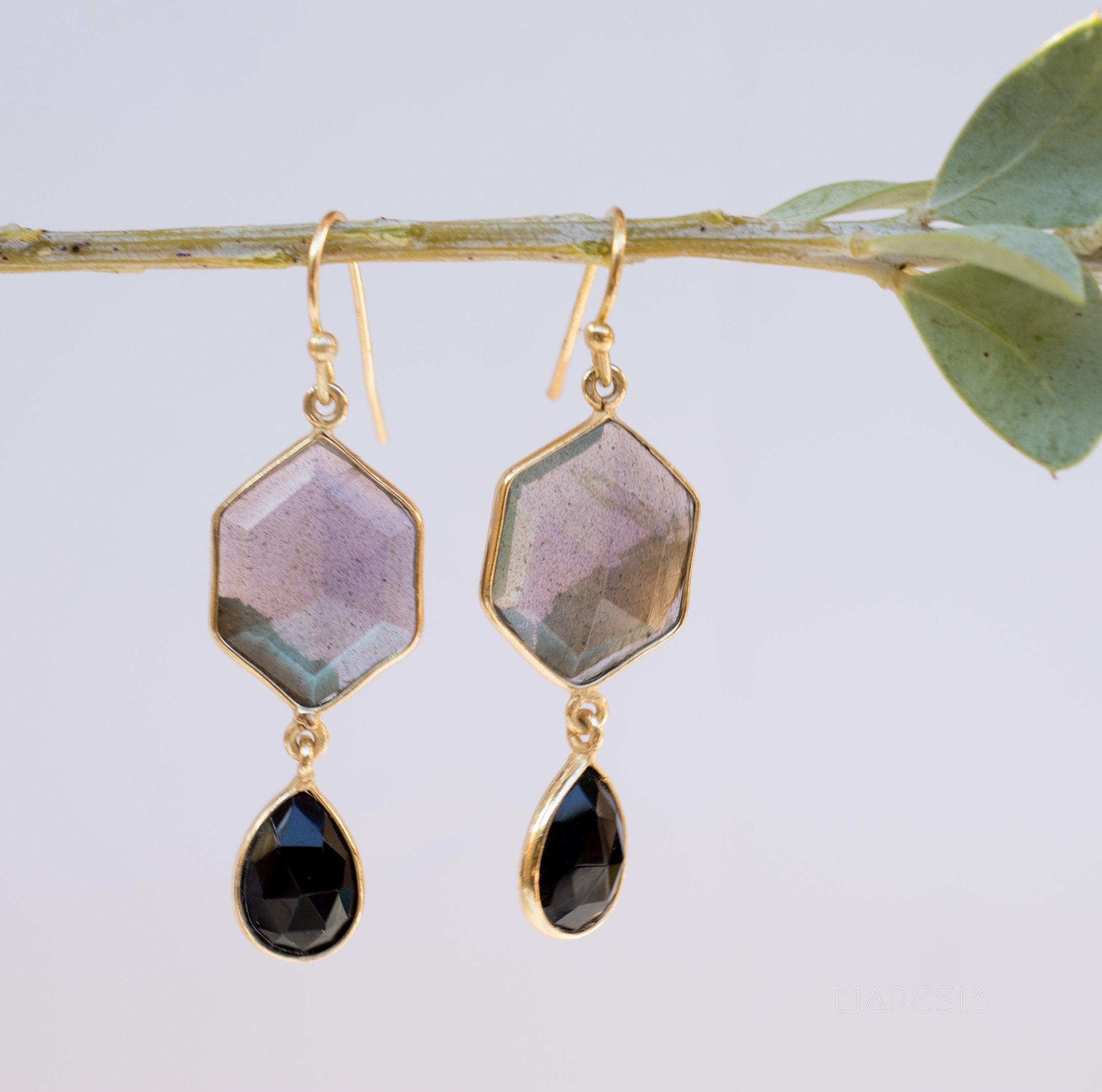 Labradorite and Black Onyx  Gold Vermeil Earrings ~ Dangle ~ Geometric ~ Jewelry  ~ Natural ~ Organic ~ Everyday  ~ ME149