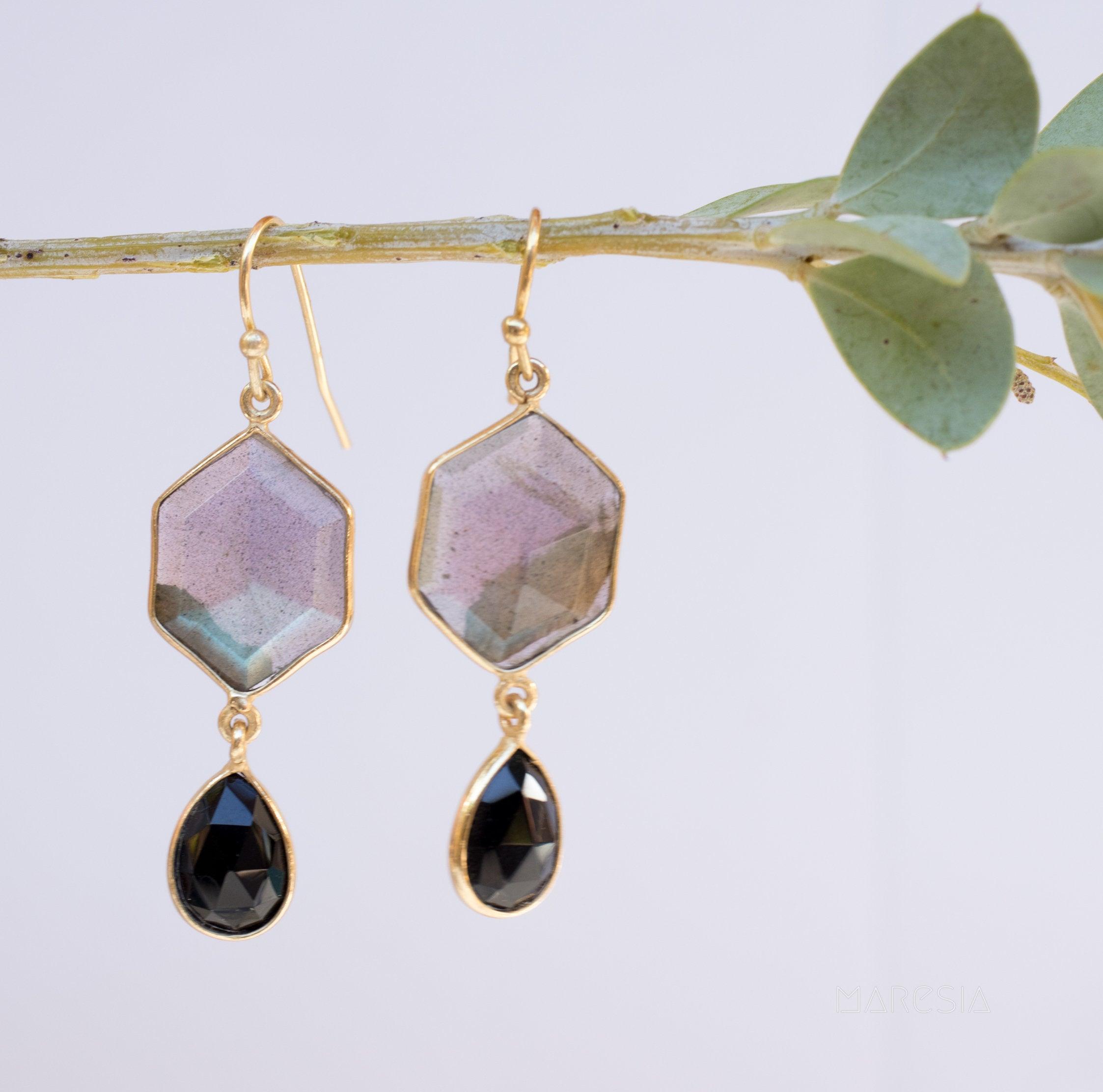 Labradorite and Black Onyx  Gold Vermeil Earrings ~ Dangle ~ Geometric ~ Jewelry  ~ Natural ~ Organic ~ Everyday  ~ ME149