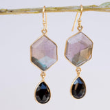 Labradorite and Black Onyx  Gold Vermeil Earrings ~ Dangle ~ Geometric ~ Jewelry  ~ Natural ~ Organic ~ Everyday  ~ ME149