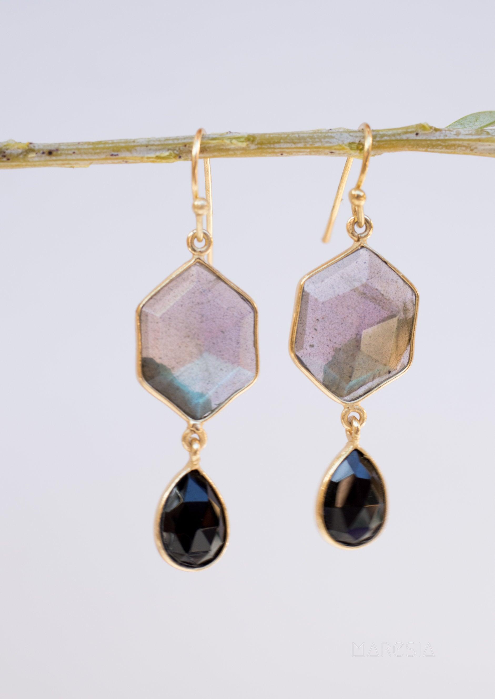 Labradorite and Black Onyx  Gold Vermeil Earrings ~ Dangle ~ Geometric ~ Jewelry  ~ Natural ~ Organic ~ Everyday  ~ ME149
