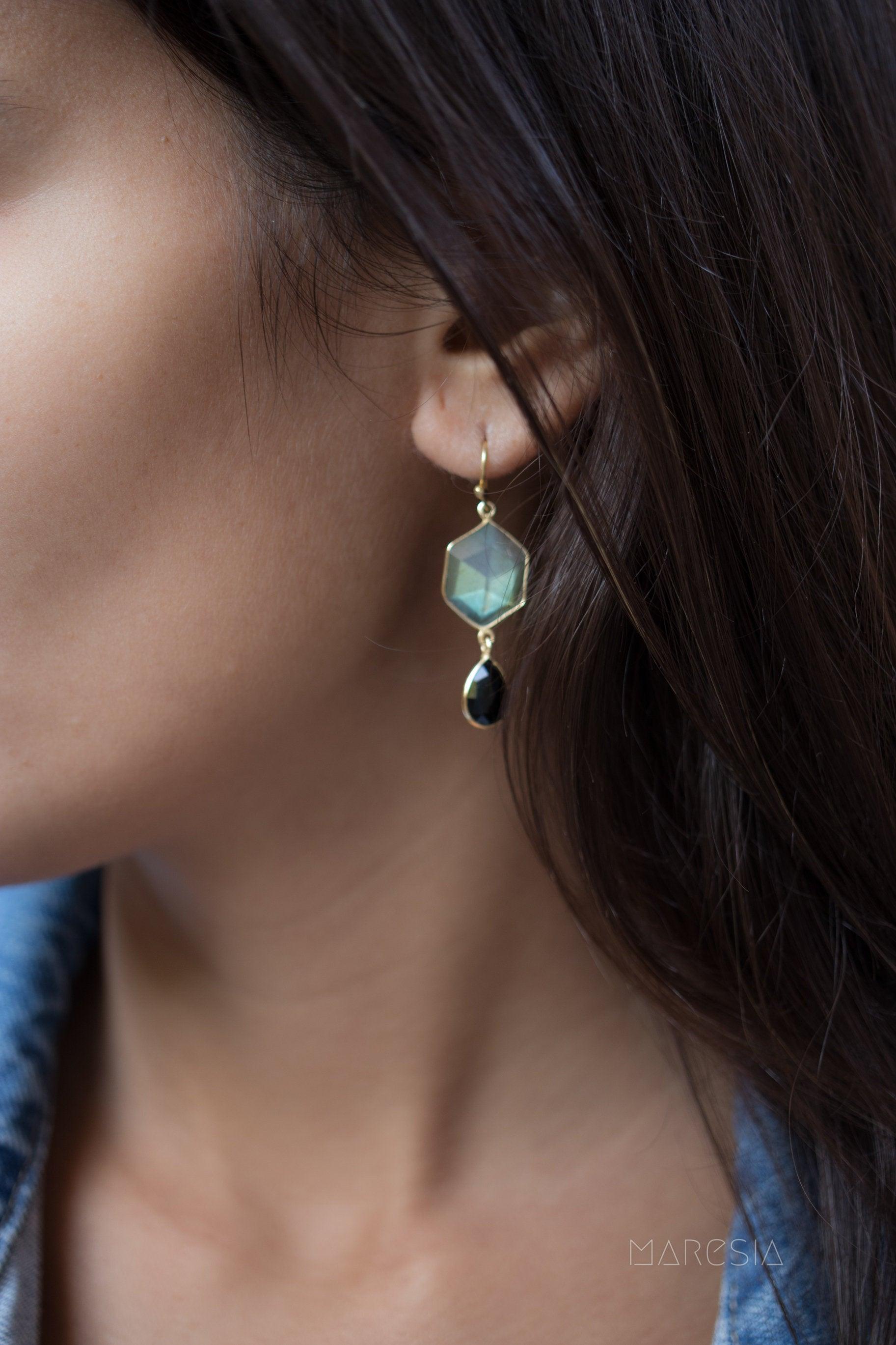 Labradorite and Black Onyx  Gold Vermeil Earrings ~ Dangle ~ Geometric ~ Jewelry  ~ Natural ~ Organic ~ Everyday  ~ ME149