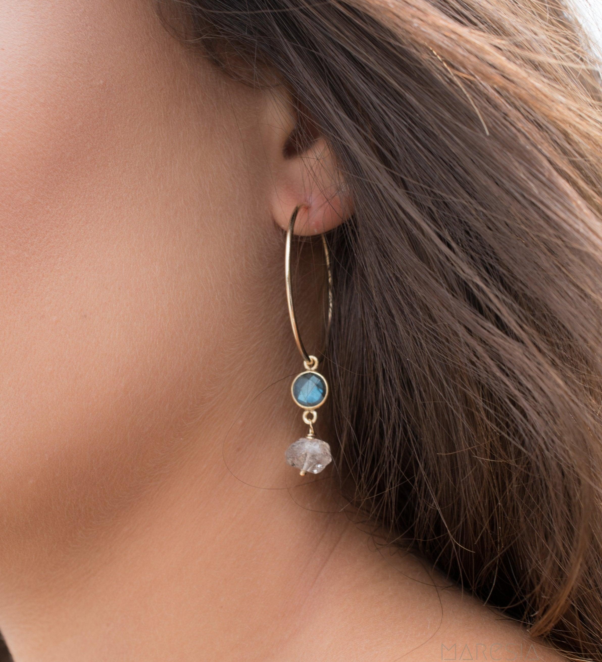 Labradorite & Herkimer Diamond Gold Hoop Earrings ~ 14k Gold Filled or Sterling Silver - Maresia Jewelry