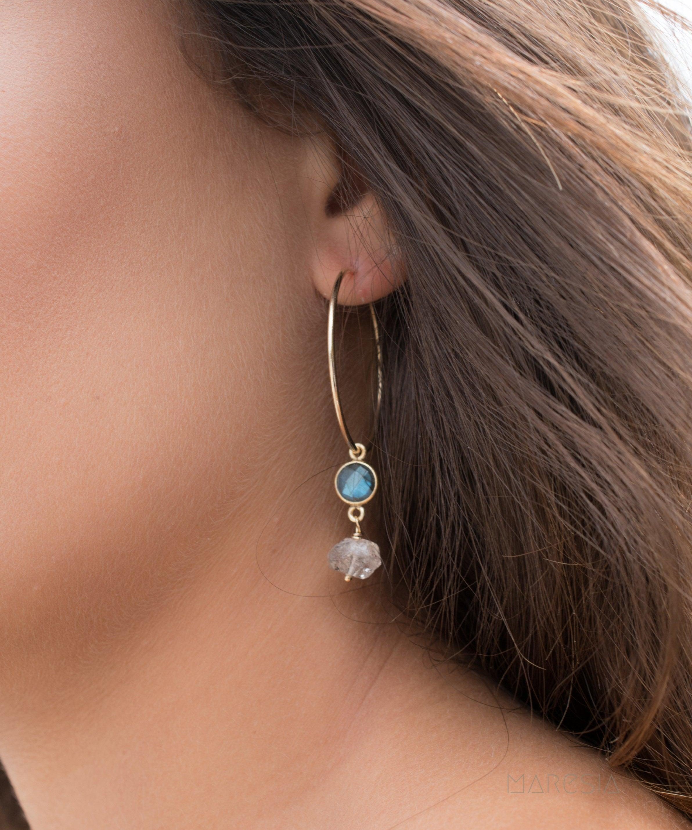 Labradorite & Herkimer Diamond Gold Hoop Earrings ~ 14k Gold Filled or Sterling Silver - Maresia Jewelry