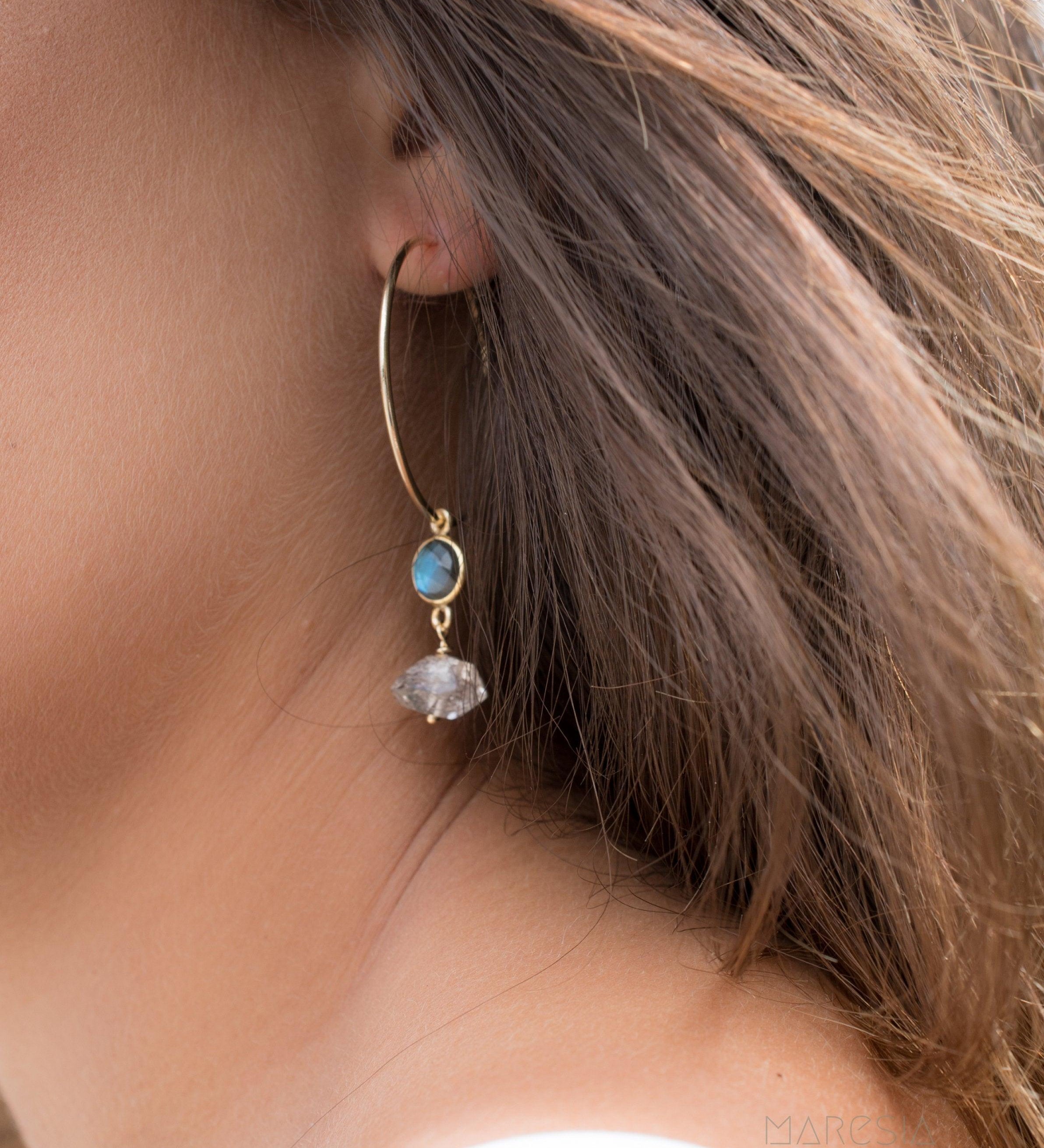 Labradorite & Herkimer Diamond Gold Hoop Earrings ~ 14k Gold Filled or Sterling Silver - Maresia Jewelry