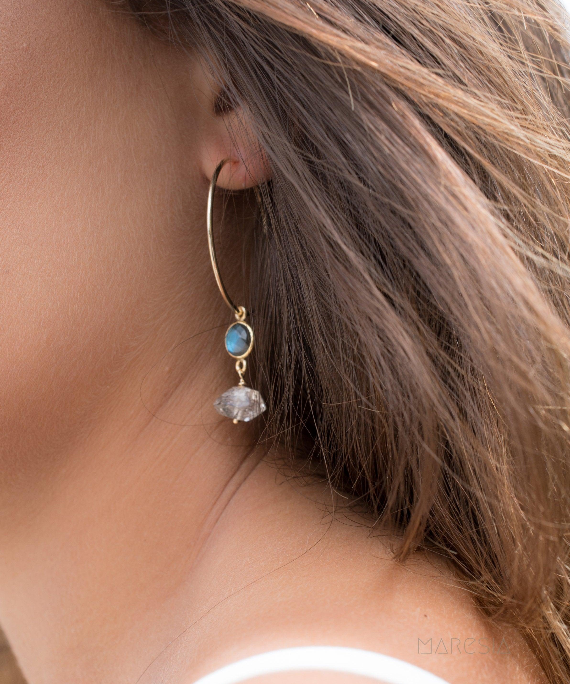 Labradorite & Herkimer Diamond Gold Hoop Earrings ~ 14k Gold Filled or Sterling Silver - Maresia Jewelry