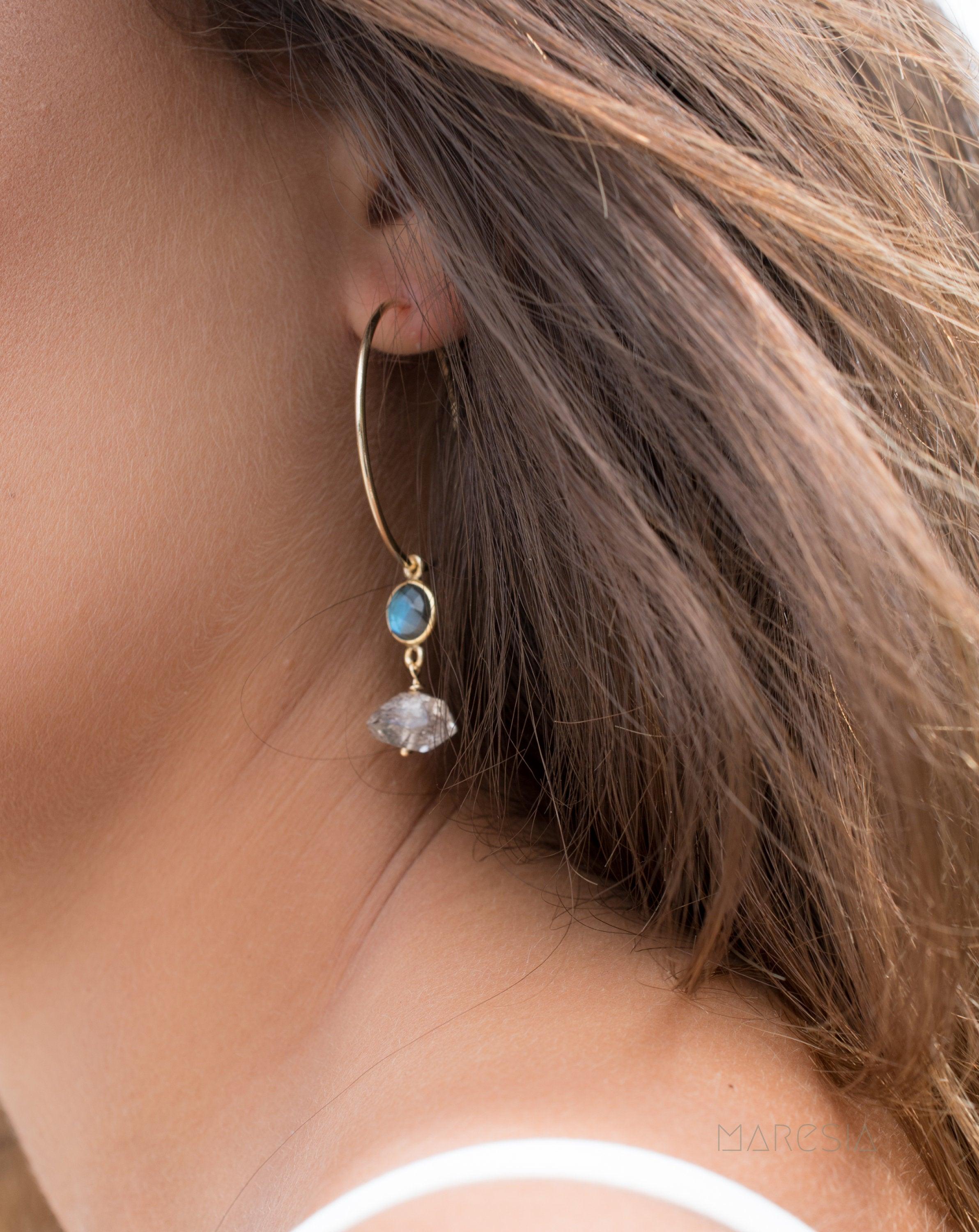 Labradorite & Herkimer Diamond Gold Hoop Earrings ~ 14k Gold Filled or Sterling Silver - Maresia Jewelry