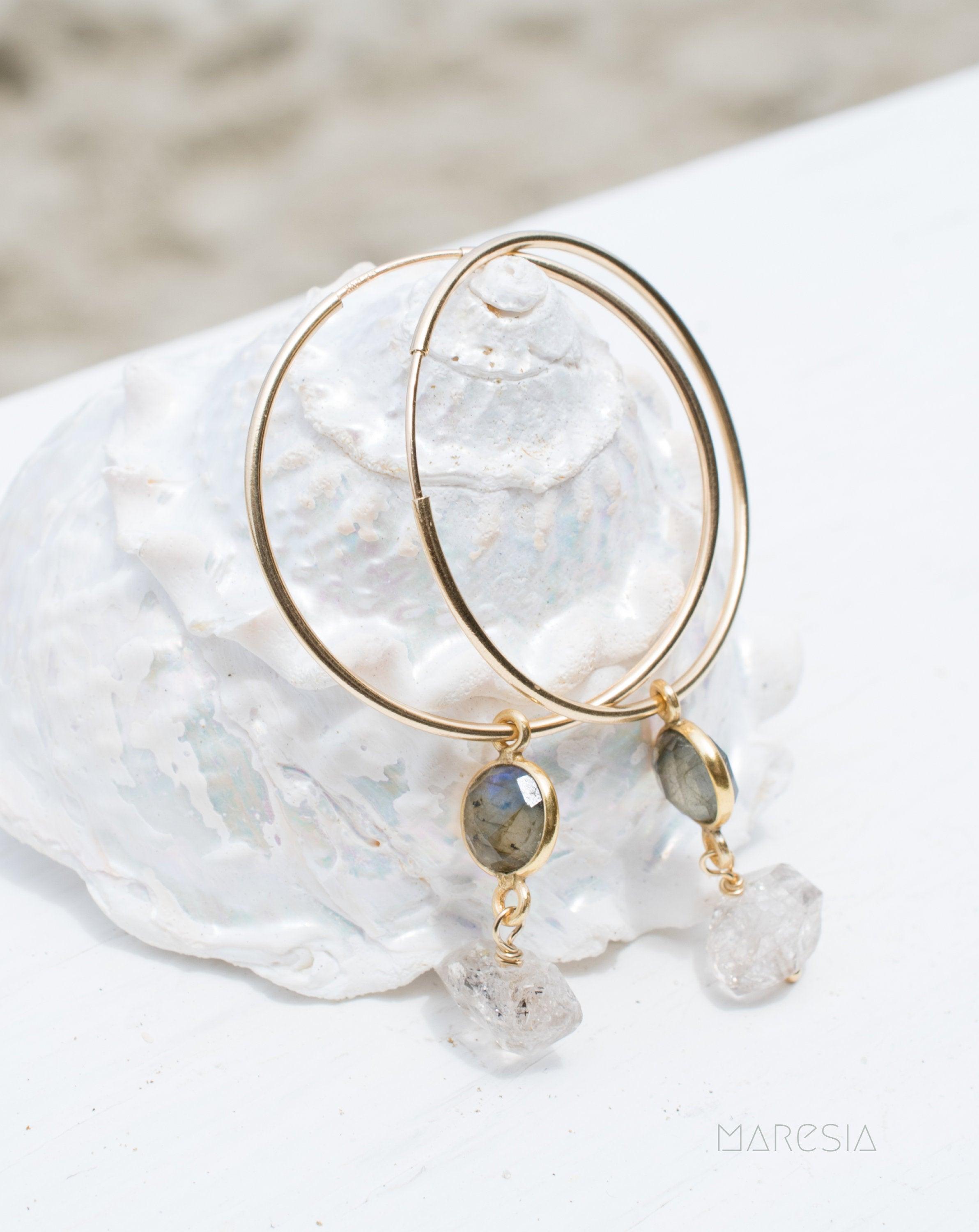 Labradorite & Herkimer Diamond Gold Hoop Earrings ~ 14k Gold Filled or Sterling Silver - Maresia Jewelry