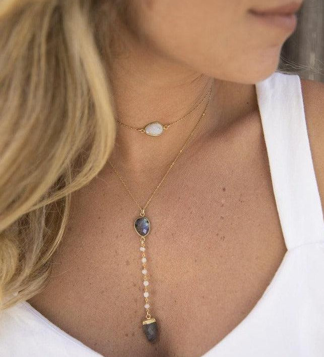 Labradorite & Moonstone Y Necklace ~ Gold Vermeil - Maresia Jewelry