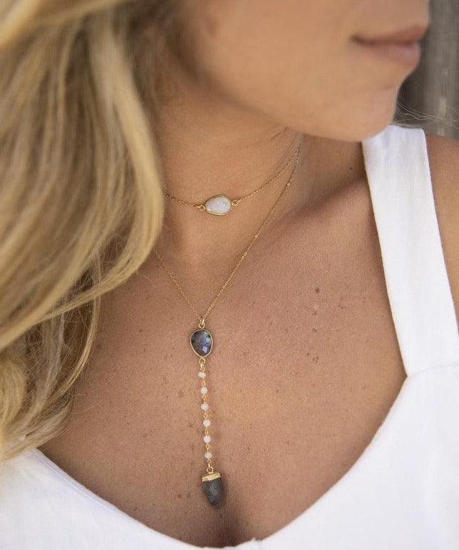 Labradorite & Moonstone Y Necklace ~ Gold Vermeil - Maresia Jewelry