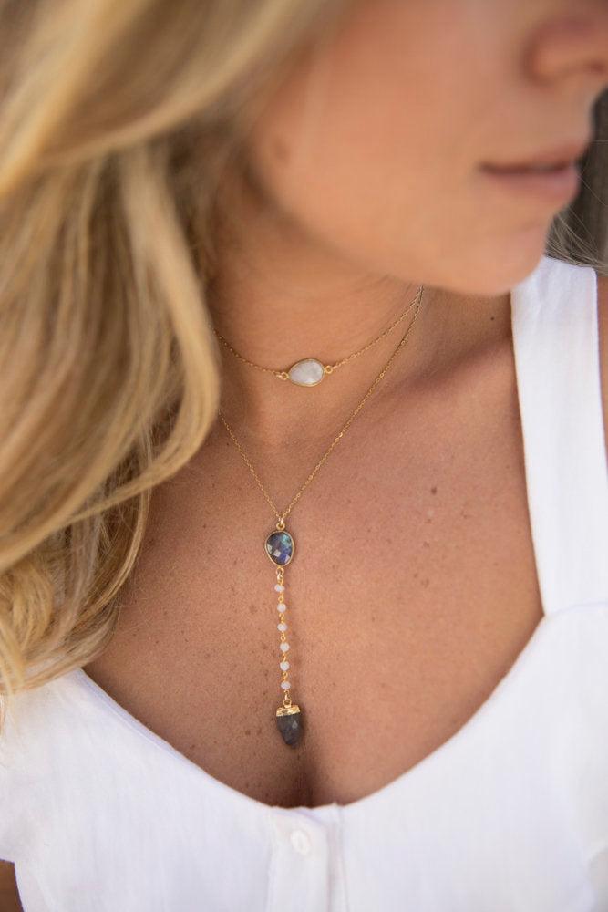 Labradorite & Moonstone Y Necklace ~ Gold Vermeil - Maresia Jewelry