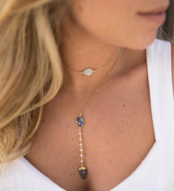 Labradorite & Moonstone Y Necklace ~ Gold Vermeil - Maresia Jewelry