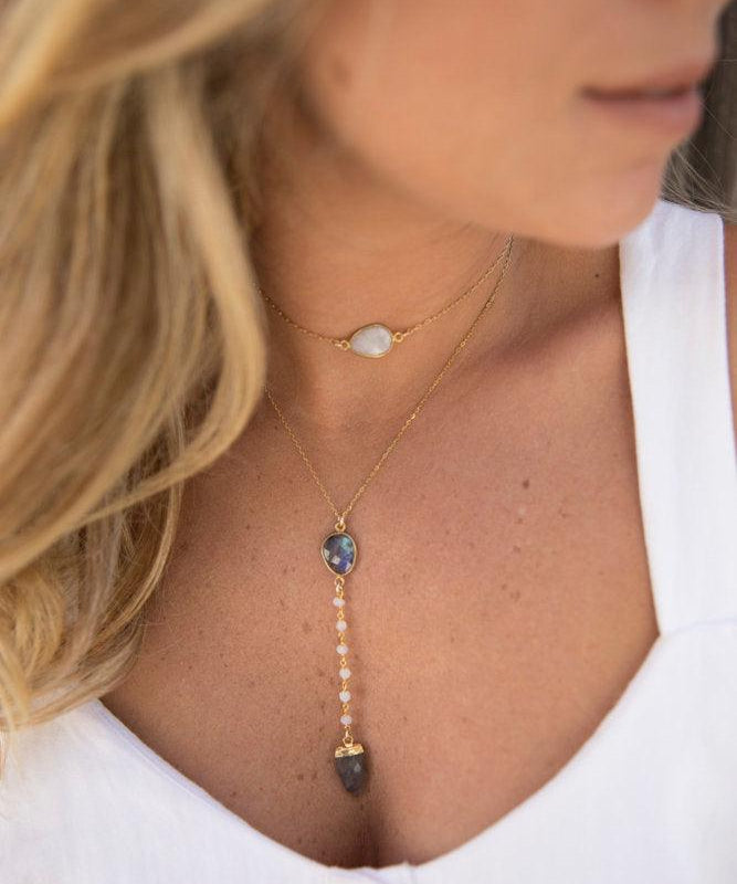 Labradorite & Moonstone Y Necklace ~ Gold Vermeil - Maresia Jewelry