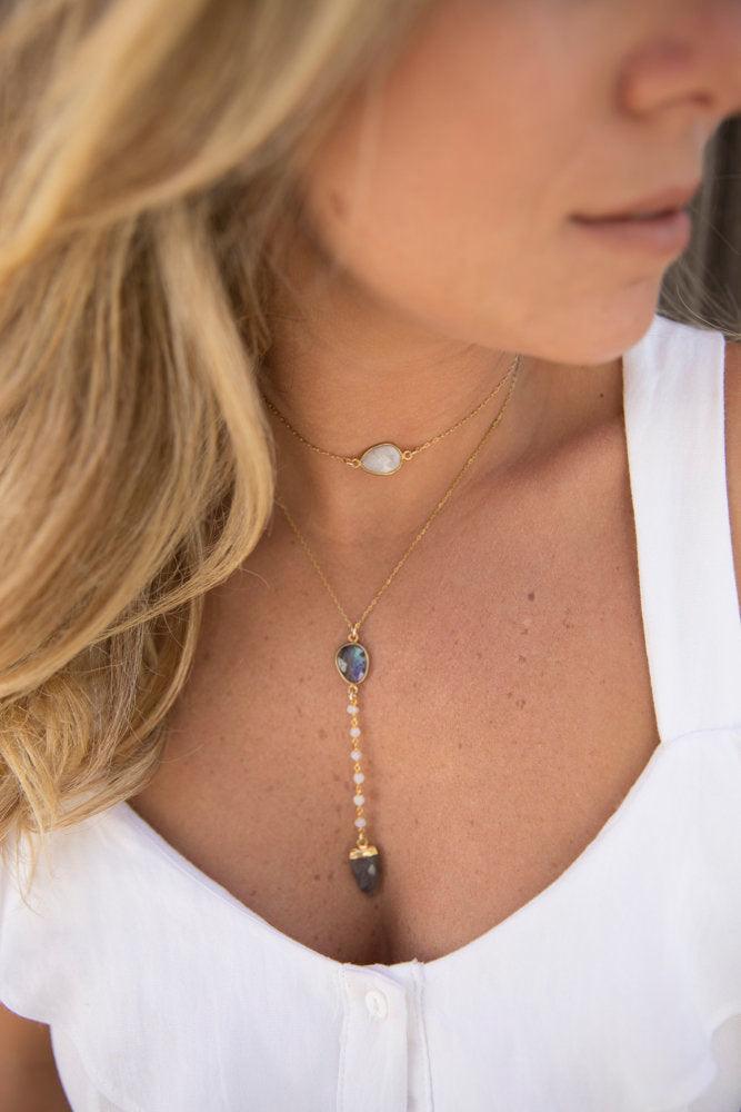 Labradorite & Moonstone Y Necklace ~ Gold Vermeil - Maresia Jewelry