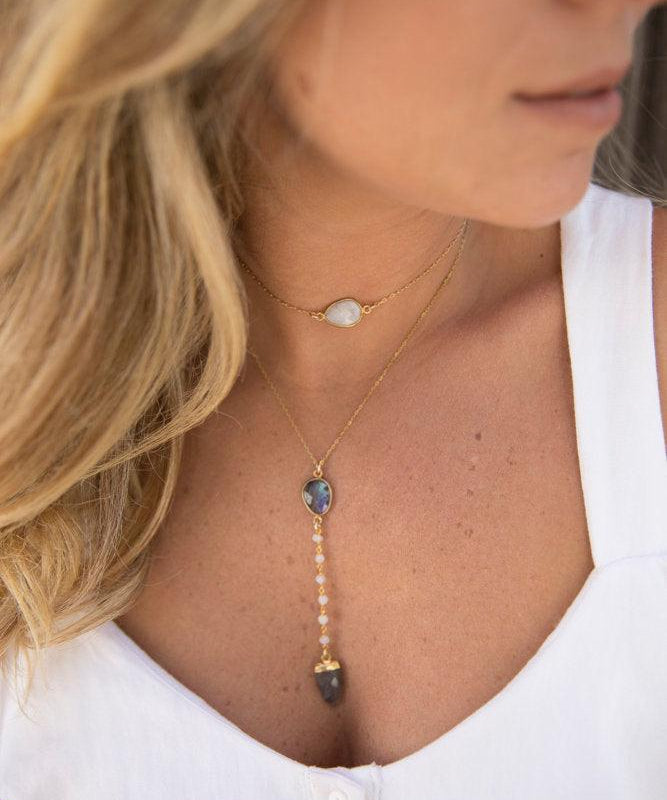 Labradorite & Moonstone Y Necklace ~ Gold Vermeil - Maresia Jewelry