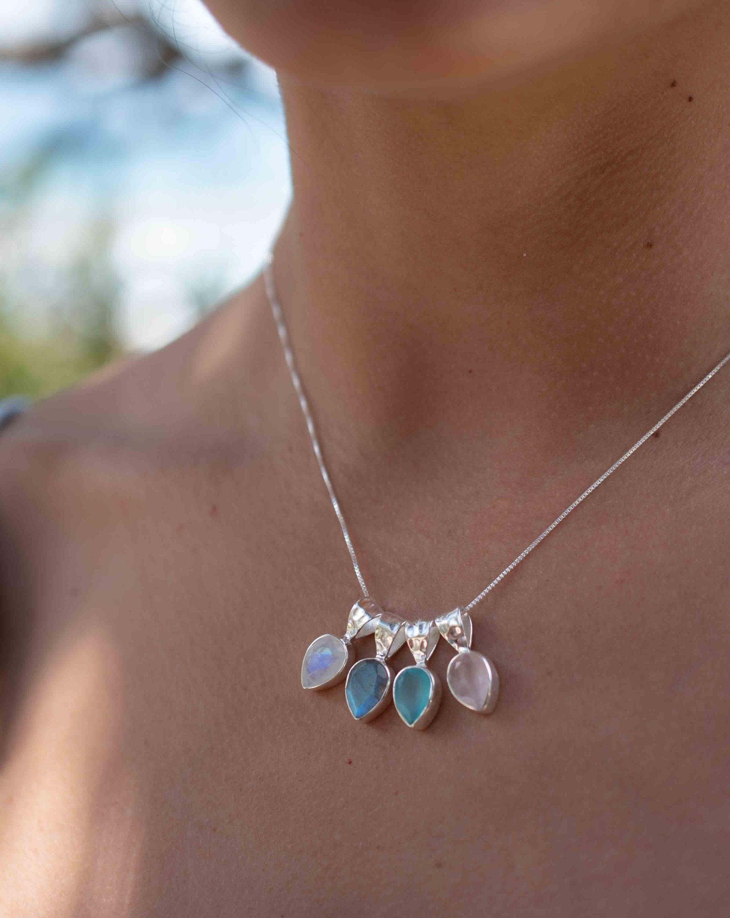 Labradorite, Aqua Chalcedony, Rose Quartz, Moonstone ~ Tear Drop ~ Sterling Silver ~ Charm ~ Layered ~ minimalist ~ delicate MN0