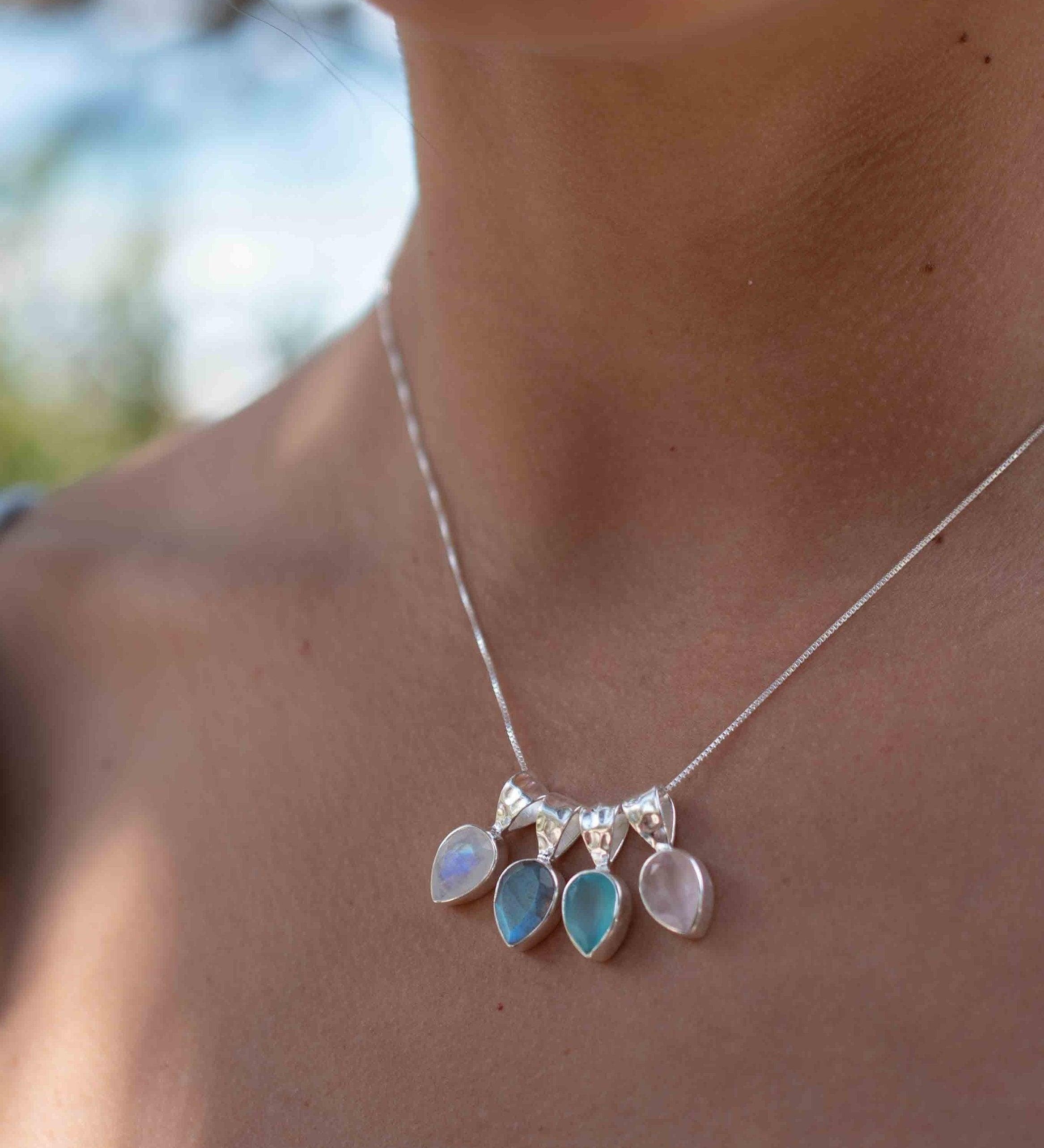Labradorite, Aqua Chalcedony, Rose Quartz, Moonstone ~ Tear Drop ~ Sterling Silver ~ Charm ~ Layered ~ minimalist ~ delicate MN0