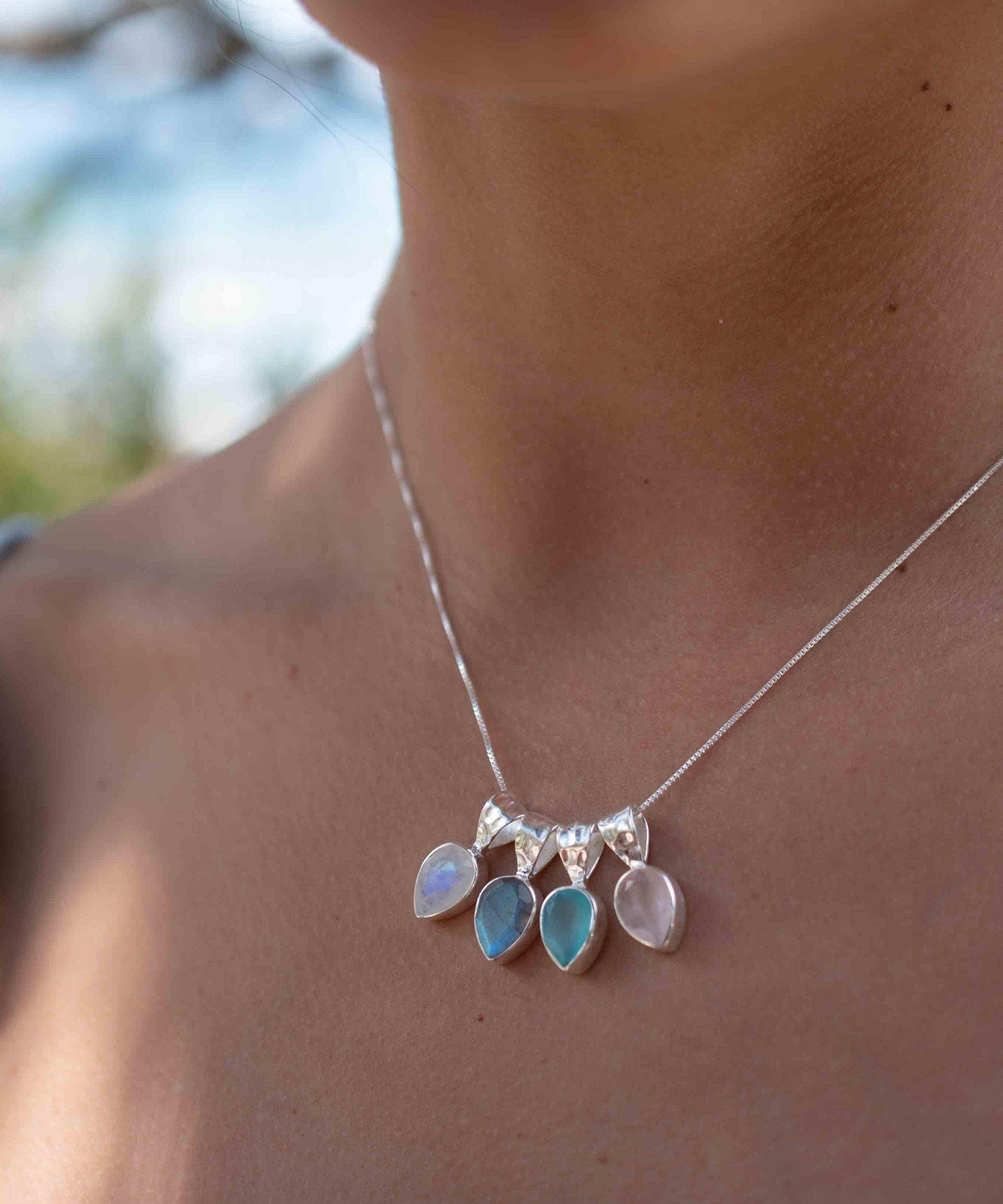 Labradorite, Aqua Chalcedony, Rose Quartz, Moonstone ~ Tear Drop ~ Sterling Silver ~ Charm ~ Layered ~ minimalist ~ delicate MN0