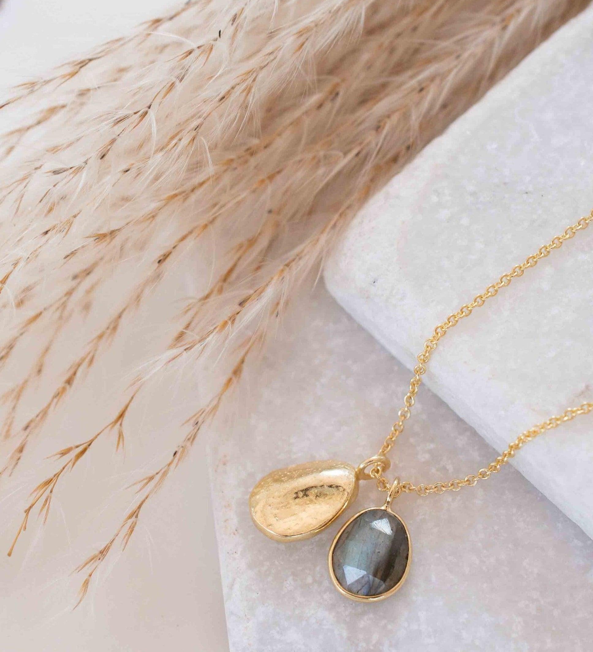 Labradorite, Copper Turquoise or Moonstone Necklace ~ Charm ~ Gold plated 18k ~ Bohemian ~ Nugget ~ MN114