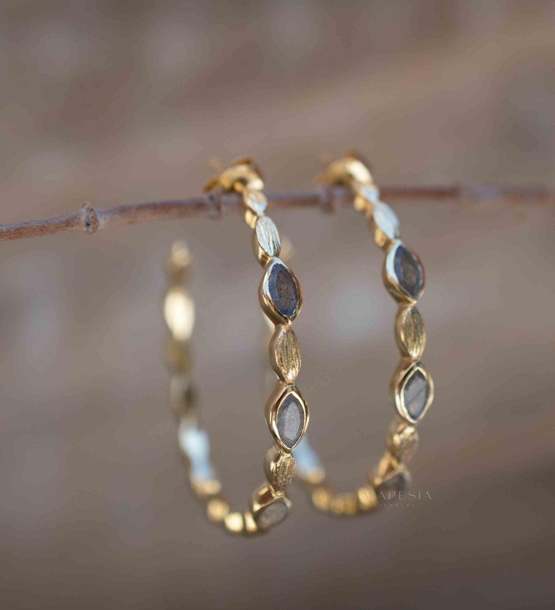 Labradorite Hoop Earrings 18k Gold Plated Earrings ~ Gemstone ~ Post ~Boho design ~ Handmade ~ Jewelry ~ Gift for her ~ ME207