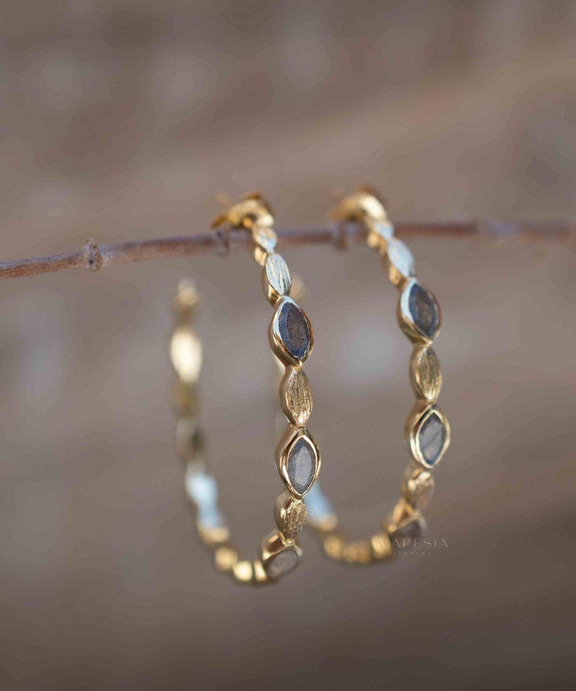 Labradorite Hoop Earrings 18k Gold Plated Earrings ~ Gemstone ~ Post ~Boho design ~ Handmade ~ Jewelry ~ Gift for her ~ ME207