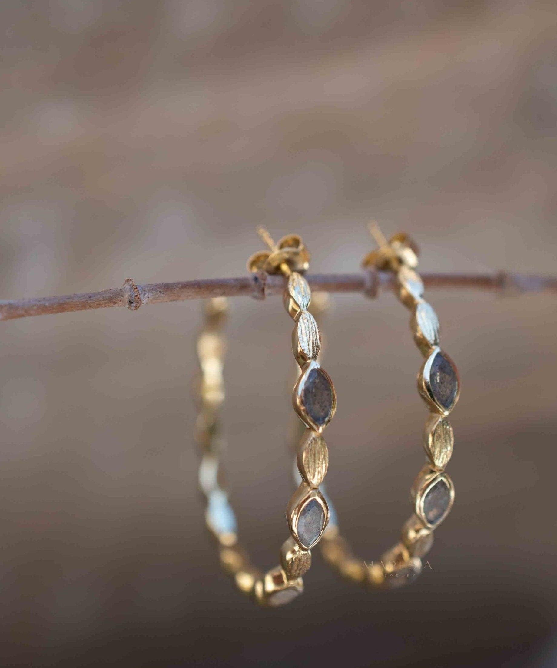 Labradorite Hoop Earrings 18k Gold Plated Earrings ~ Gemstone ~ Post ~Boho design ~ Handmade ~ Jewelry ~ Gift for her ~ ME207