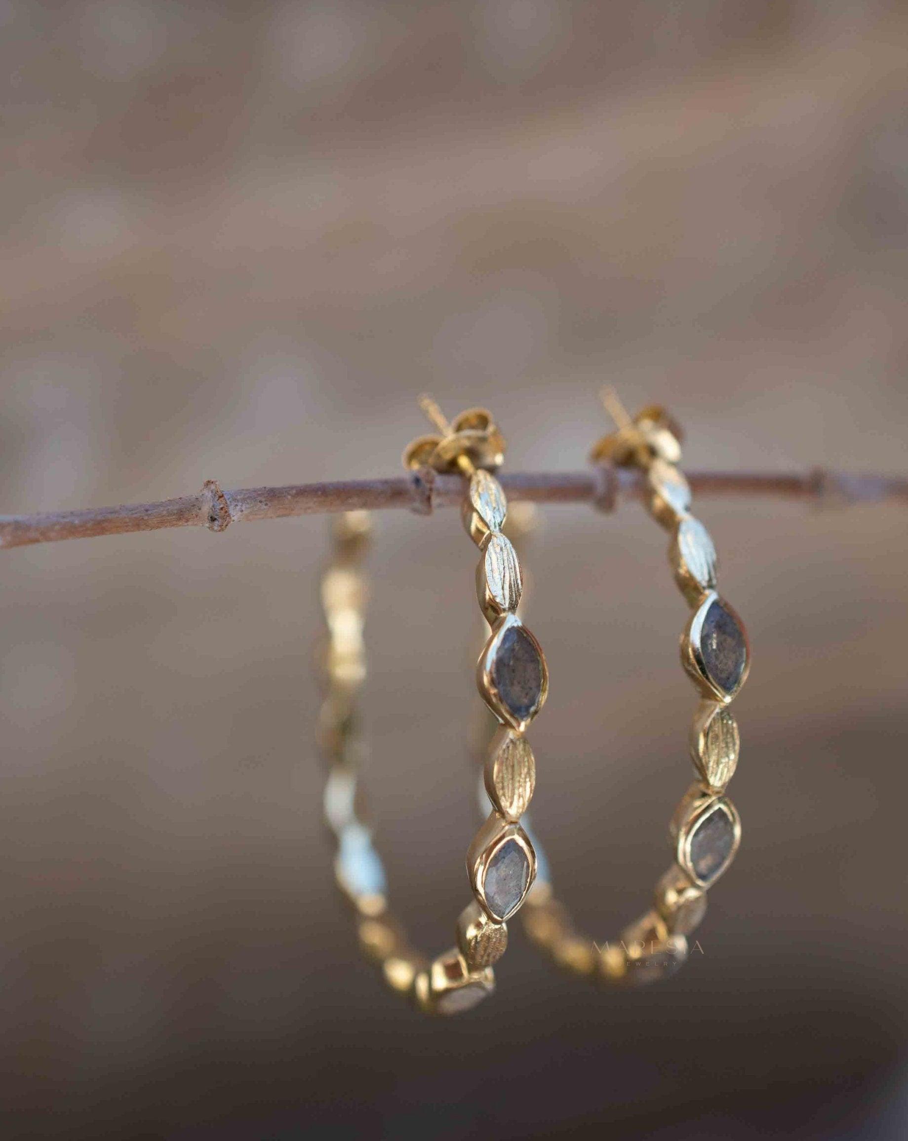 Labradorite Hoop Earrings 18k Gold Plated Earrings ~ Gemstone ~ Post ~Boho design ~ Handmade ~ Jewelry ~ Gift for her ~ ME207