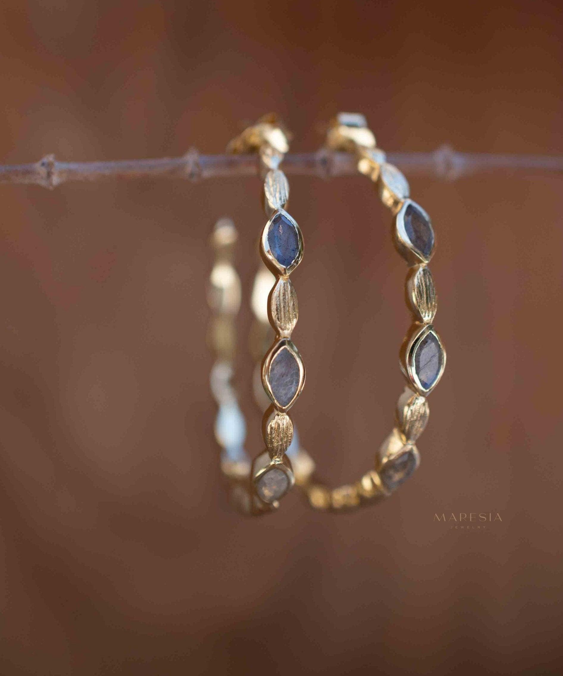 Labradorite Hoop Earrings 18k Gold Plated Earrings ~ Gemstone ~ Post ~Boho design ~ Handmade ~ Jewelry ~ Gift for her ~ ME207
