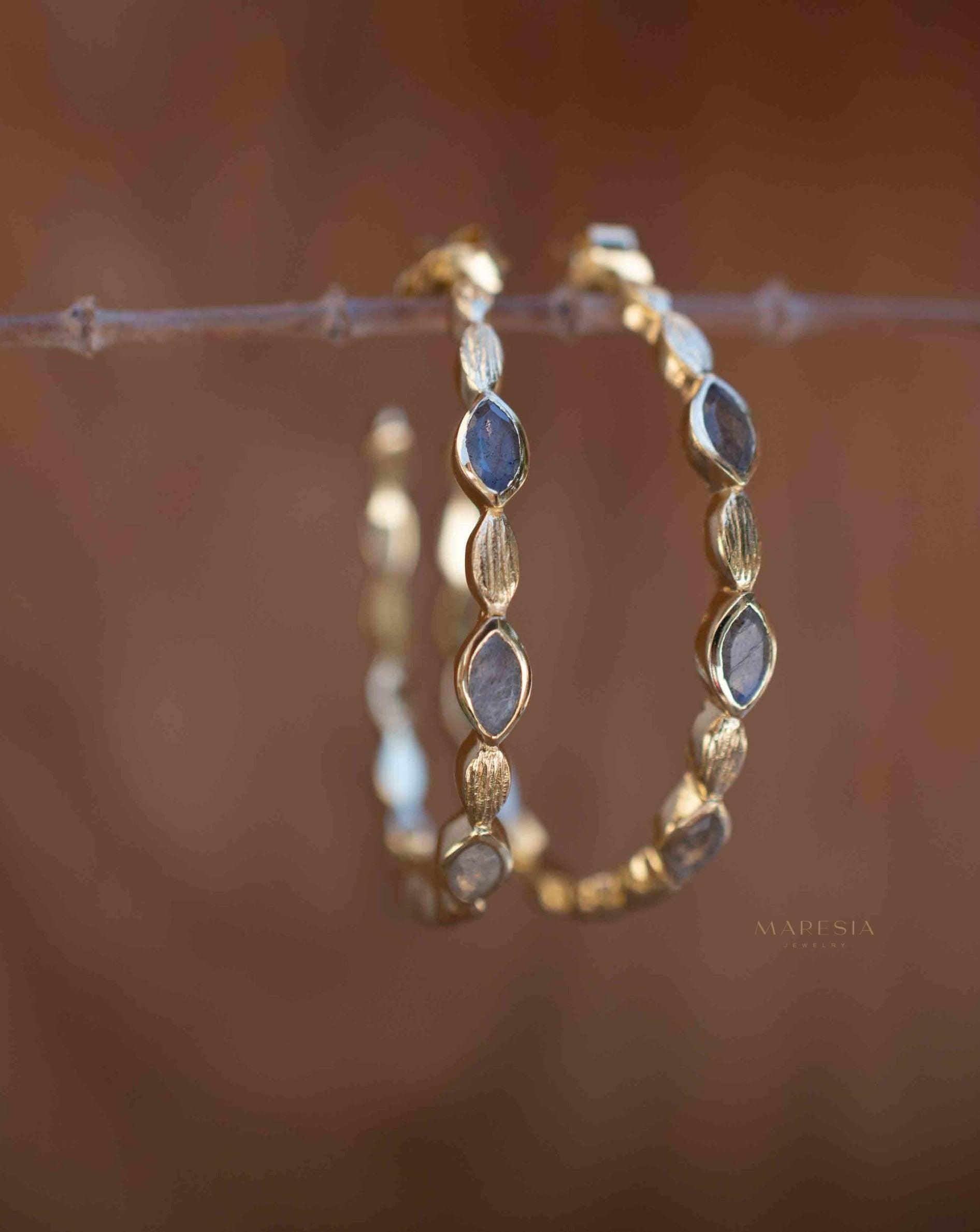 Labradorite Hoop Earrings 18k Gold Plated Earrings ~ Gemstone ~ Post ~Boho design ~ Handmade ~ Jewelry ~ Gift for her ~ ME207