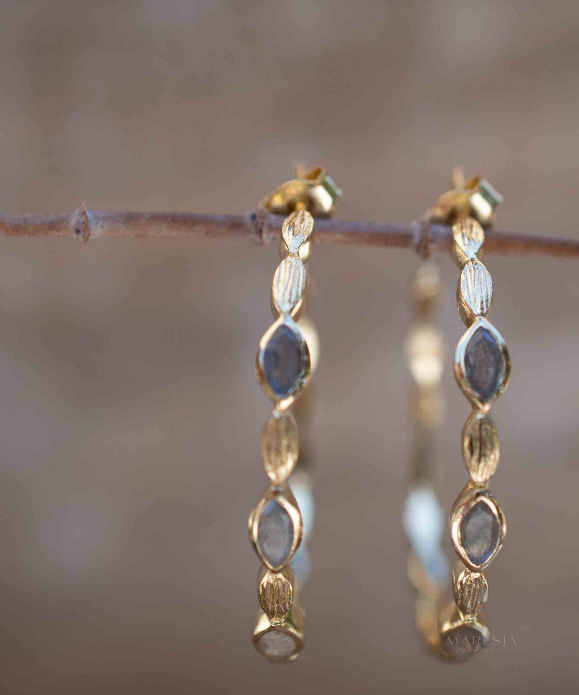 Labradorite Hoop Earrings 18k Gold Plated Earrings ~ Gemstone ~ Post ~Boho design ~ Handmade ~ Jewelry ~ Gift for her ~ ME207