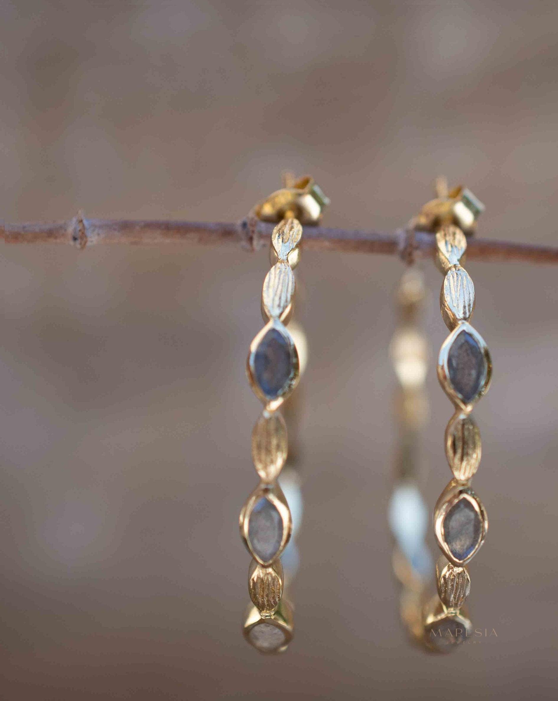 Labradorite Hoop Earrings 18k Gold Plated Earrings ~ Gemstone ~ Post ~Boho design ~ Handmade ~ Jewelry ~ Gift for her ~ ME207
