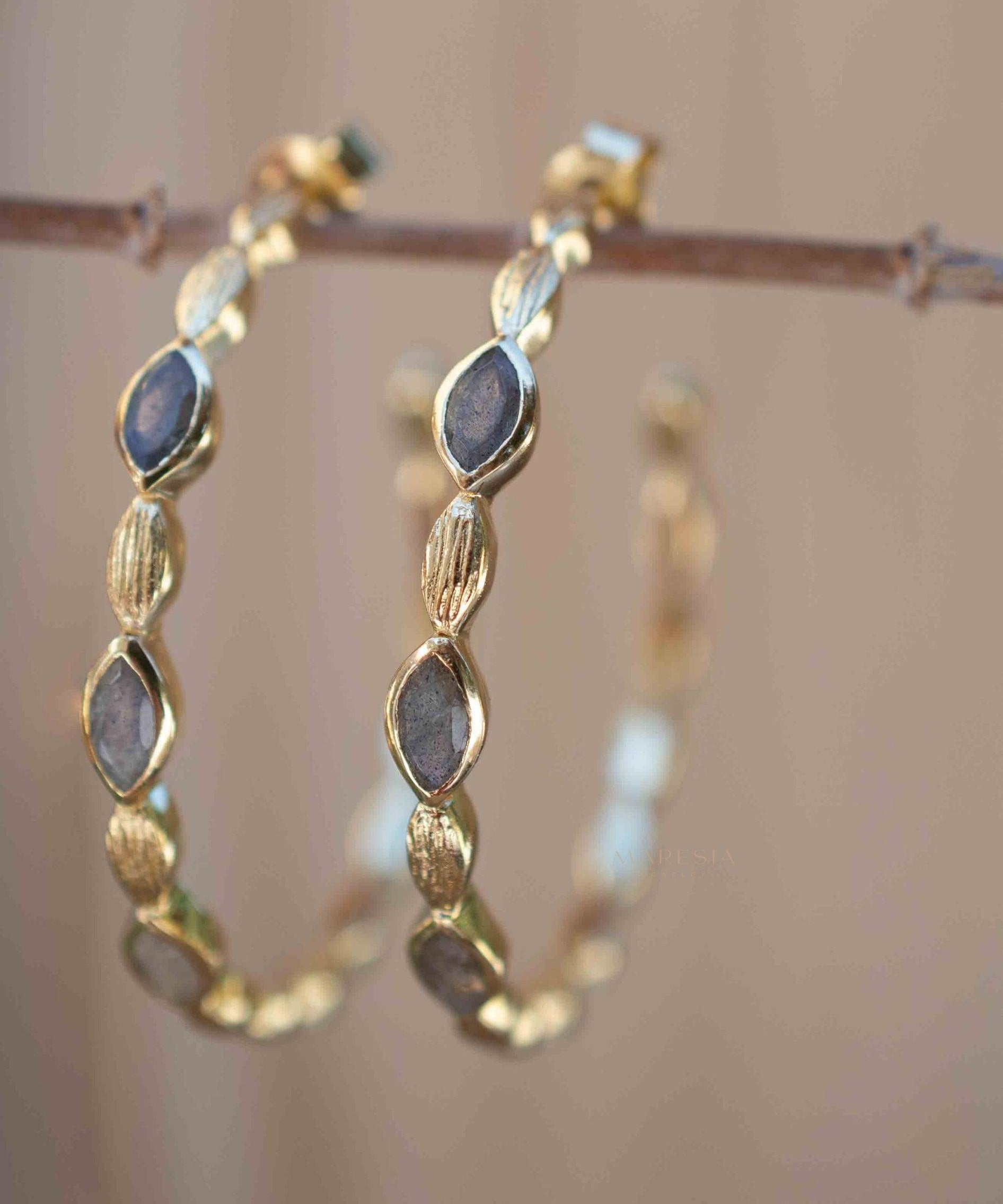 Labradorite Hoop Earrings 18k Gold Plated Earrings ~ Gemstone ~ Post ~Boho design ~ Handmade ~ Jewelry ~ Gift for her ~ ME207