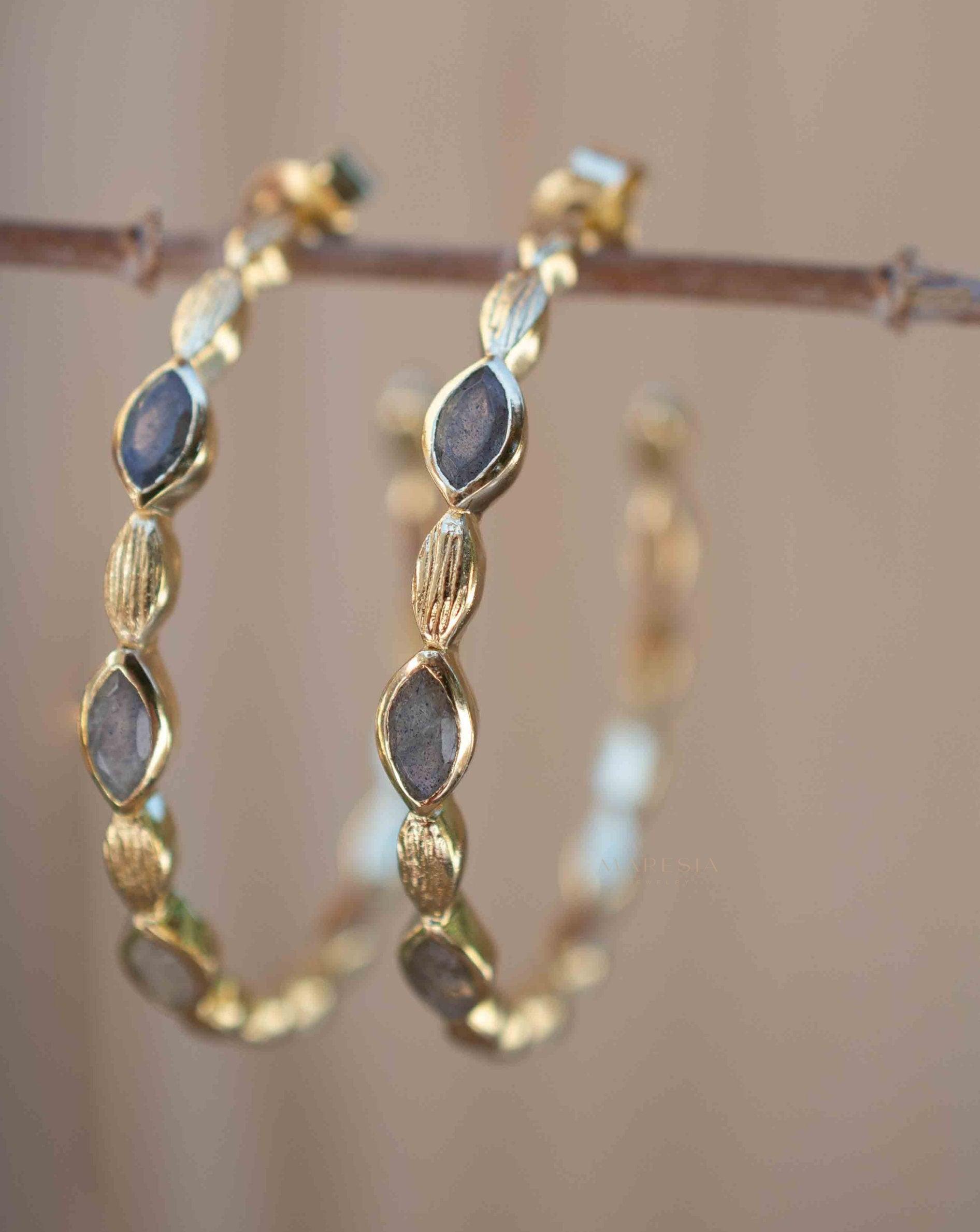 Labradorite Hoop Earrings 18k Gold Plated Earrings ~ Gemstone ~ Post ~Boho design ~ Handmade ~ Jewelry ~ Gift for her ~ ME207